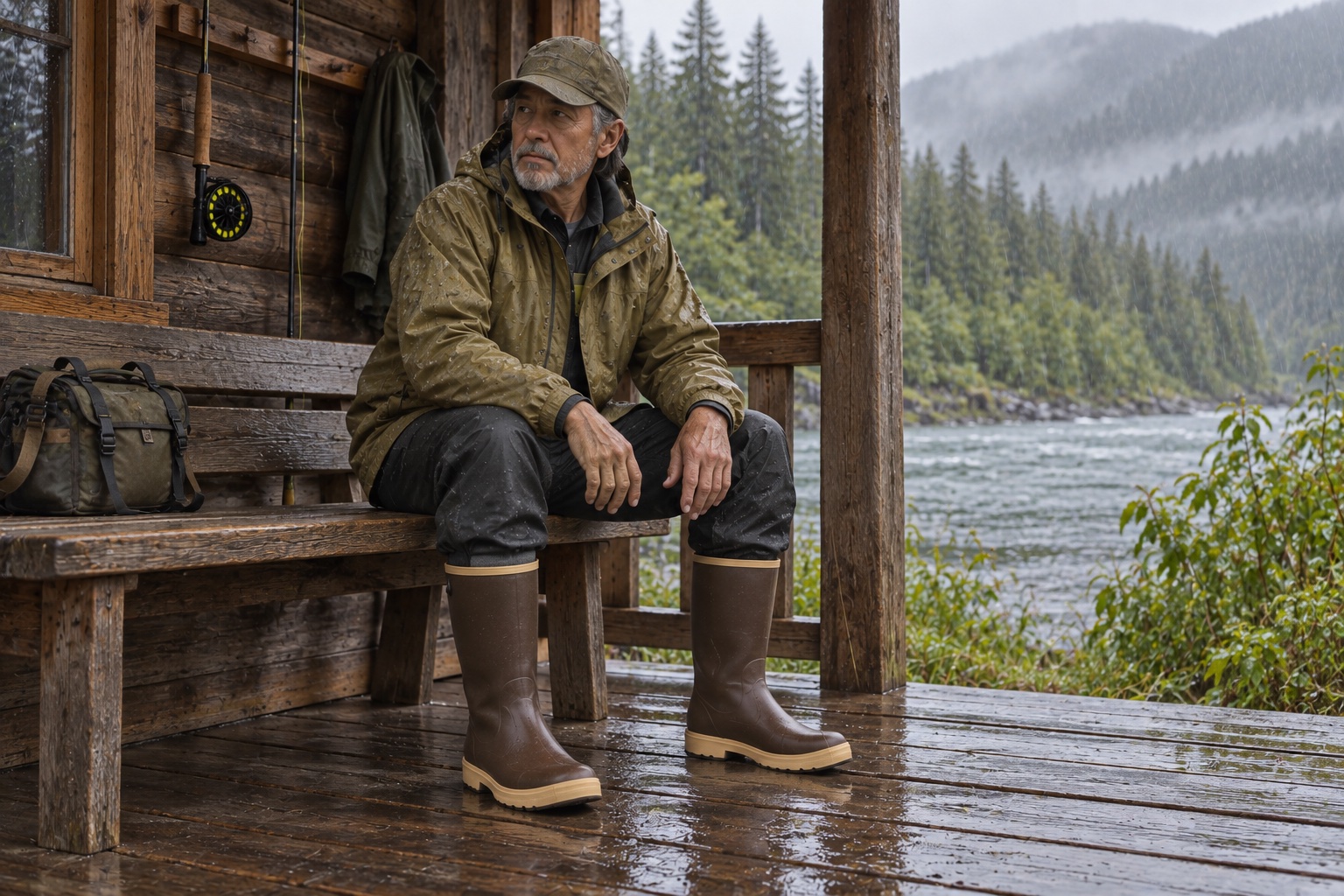 The angler sits on a covered porch in tall brown boots, with his fly rod nearby and rain beyond the roof.
