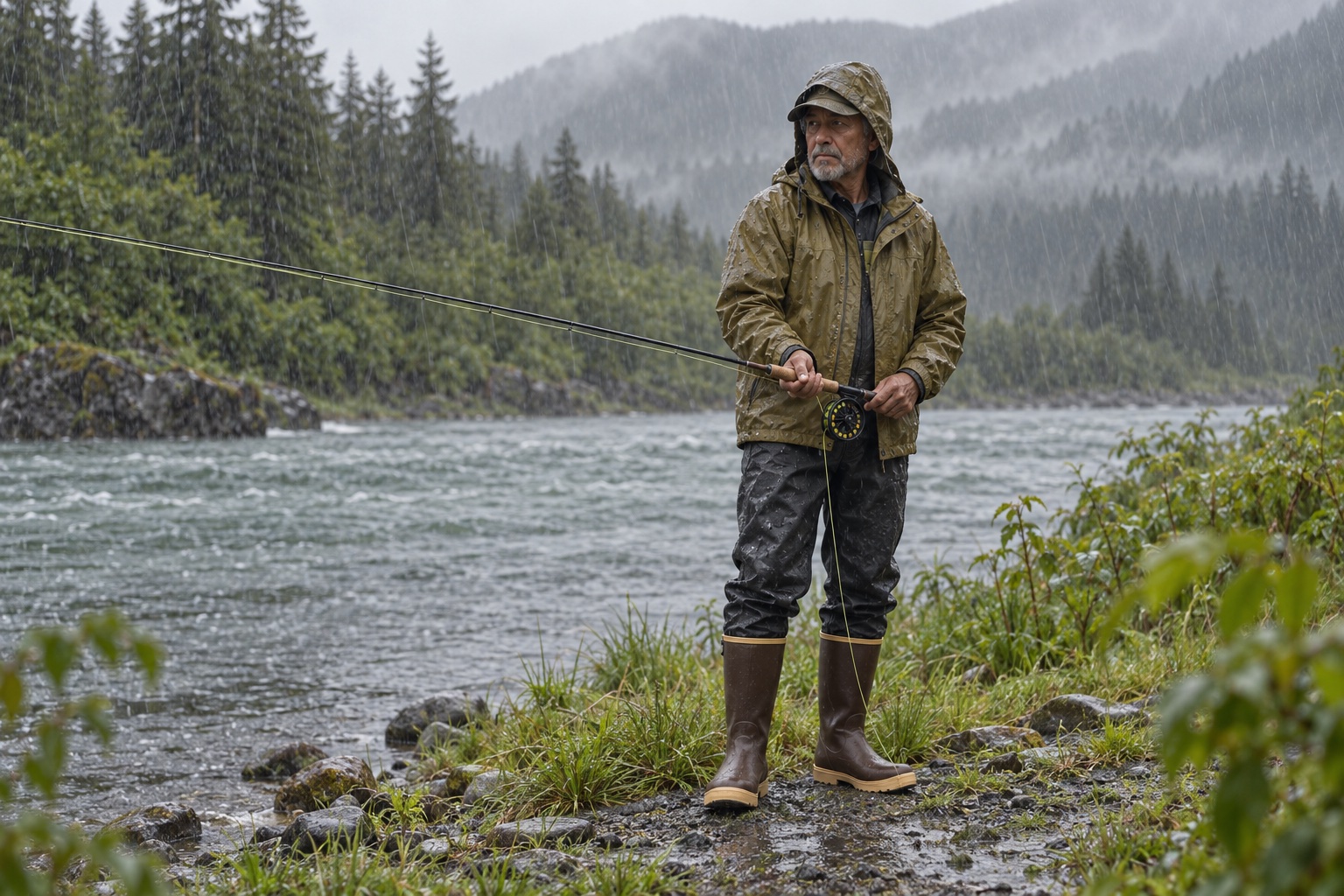 A fly fisherman in a hooded rain jacket and tall brown boots stands on a riverbank in steady rain.