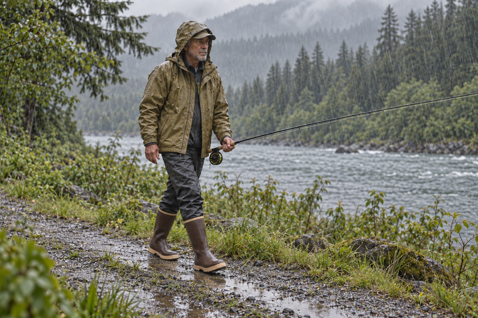 The same angler carries his fly rod along a wet shoreline path, with both boots on land.