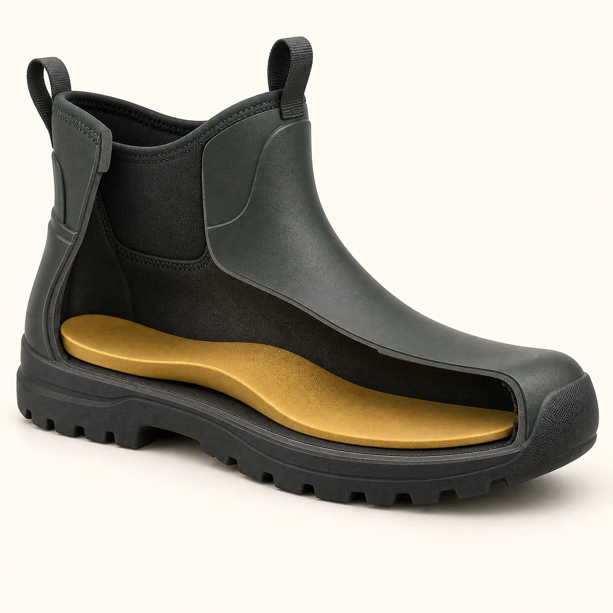 Conceptual cutaway: gold footbed inside a boot above its separate dark outsole.