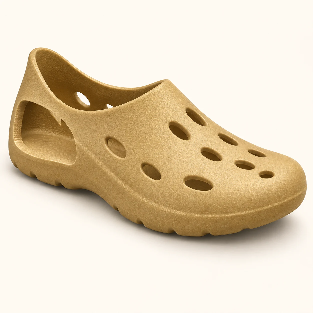 Conceptual cutaway: gold foam forms a whole molded water shoe with drainage openings.