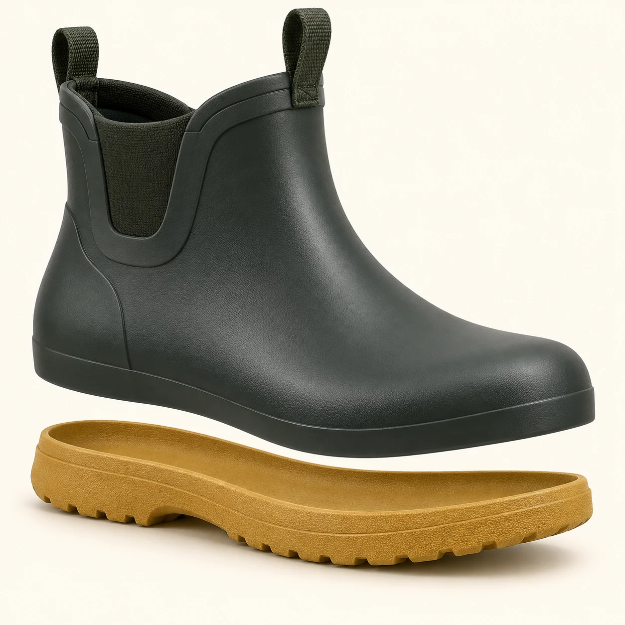 Conceptual exploded view: gold foam outsole beneath a dark rubber upper.