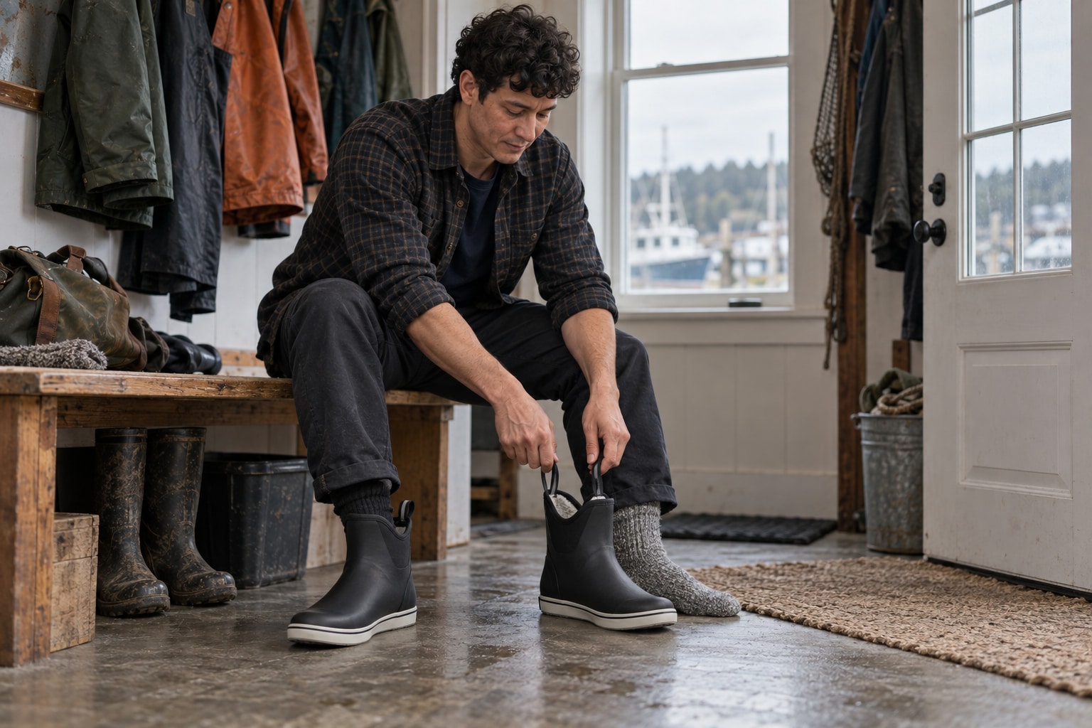 A seated shopper trying black ankle deck boots with thick wool socks.