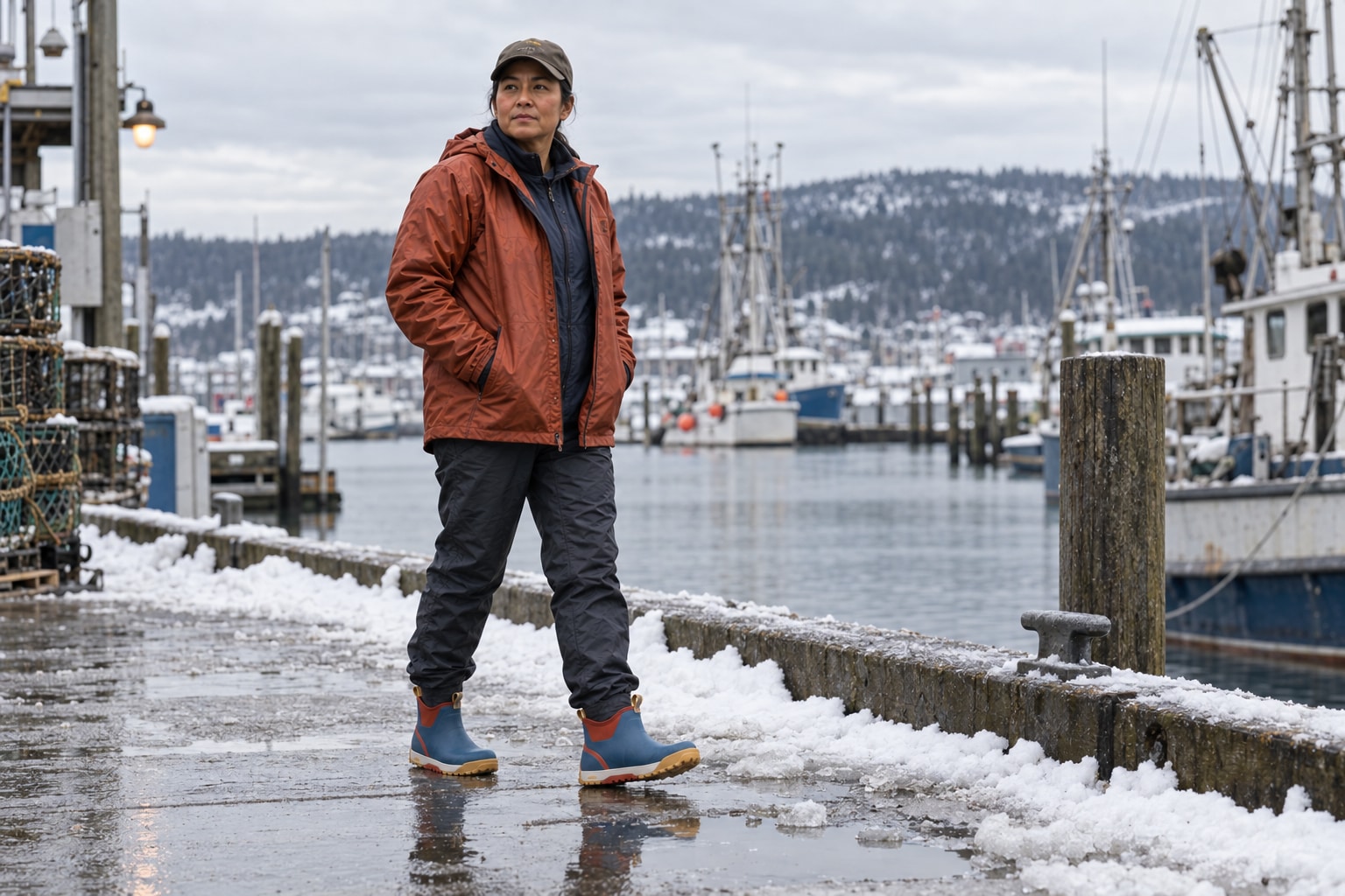 A person taking careful steps on a winter harbor path in blue and rust-red Ice ankle boots.