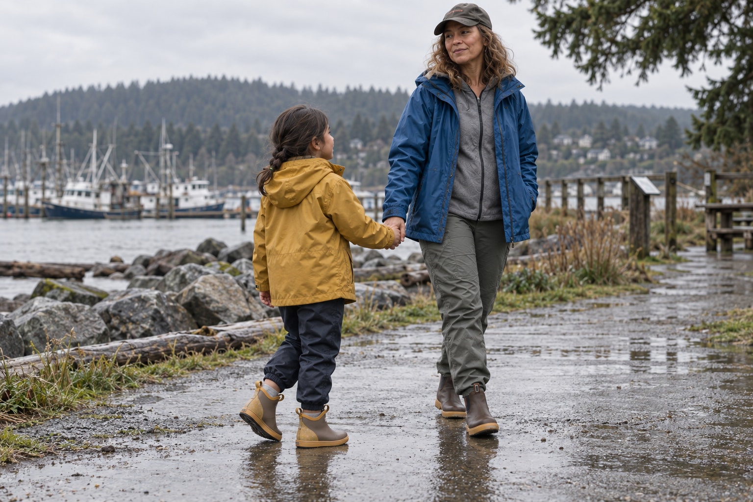 A child wearing brown and gold fleece-lined ankle boots on a rainy walk with an adult.