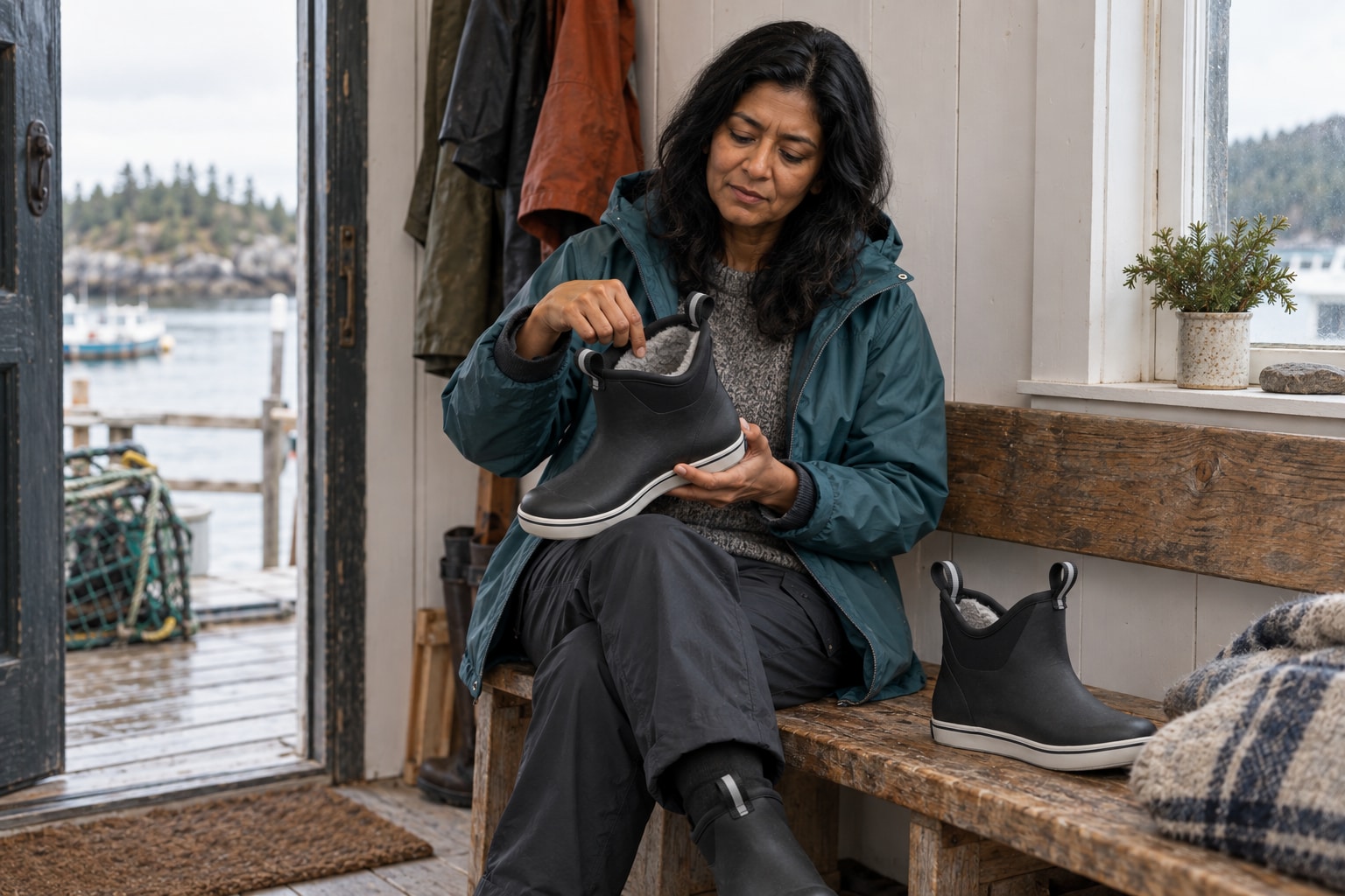 A woman examining the soft lining inside a black ankle deck boot.