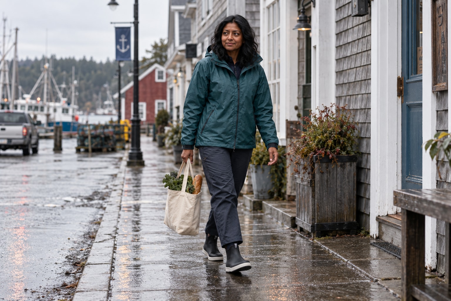 A woman walking through a rainy coastal town in black fleece-lined ankle deck boots.