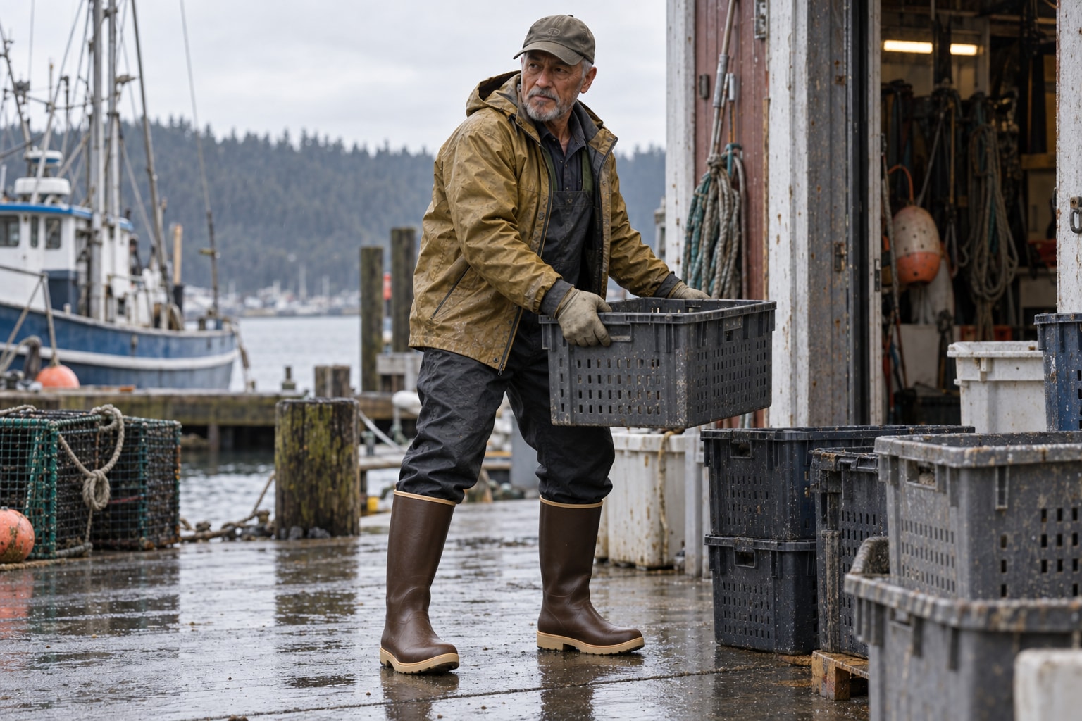 A harbor worker wearing tall brown insulated Legacy boots beside a wet dockside shed.