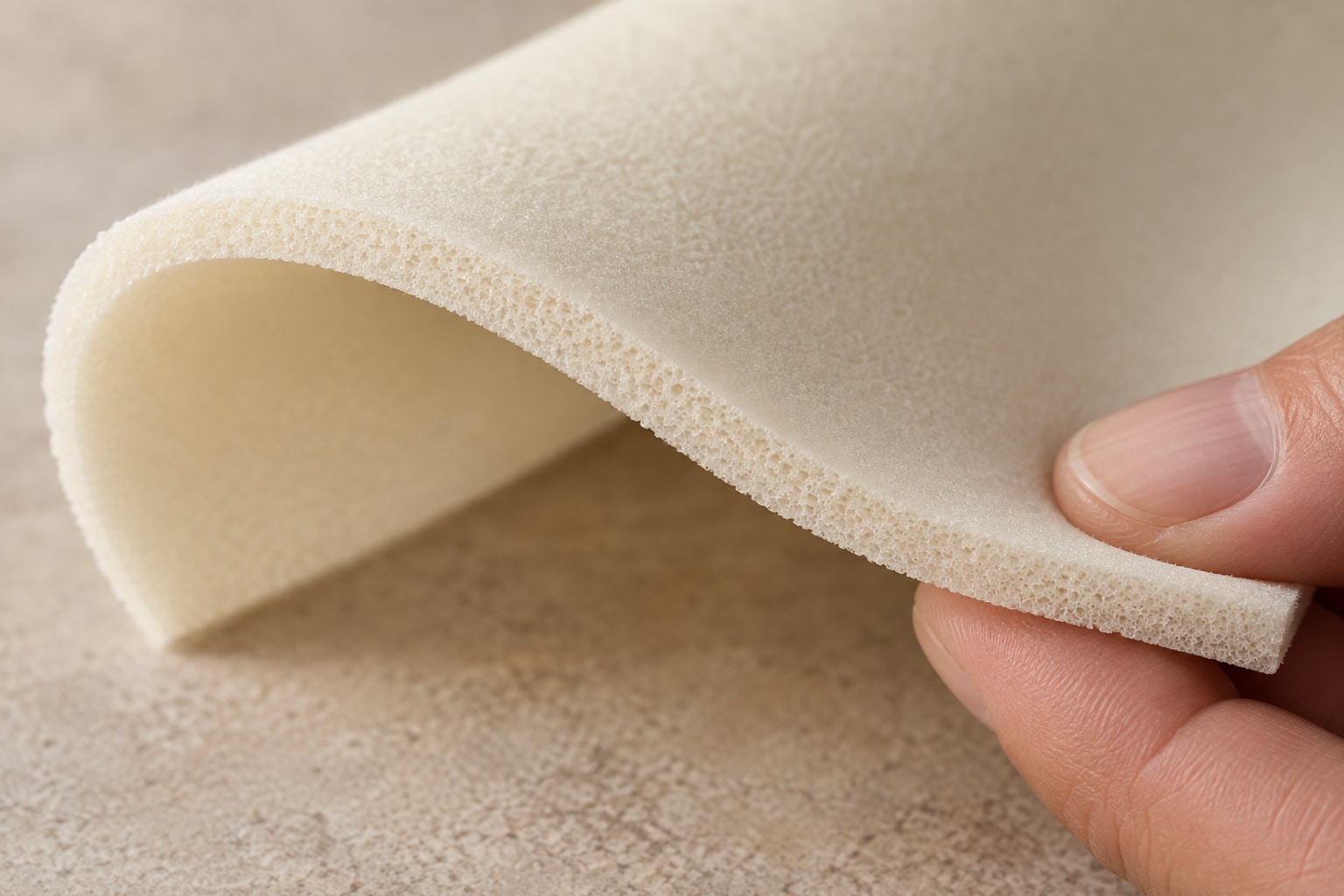 Illustration of a thin flexible foam insulation sample held at its edge.