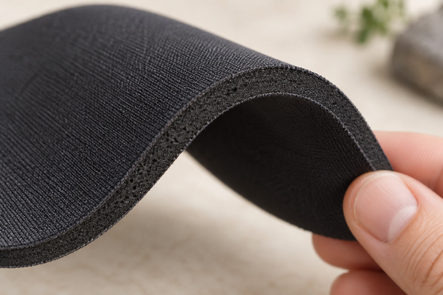 Illustration of a curved neoprene sample showing its foam core and fabric surface.