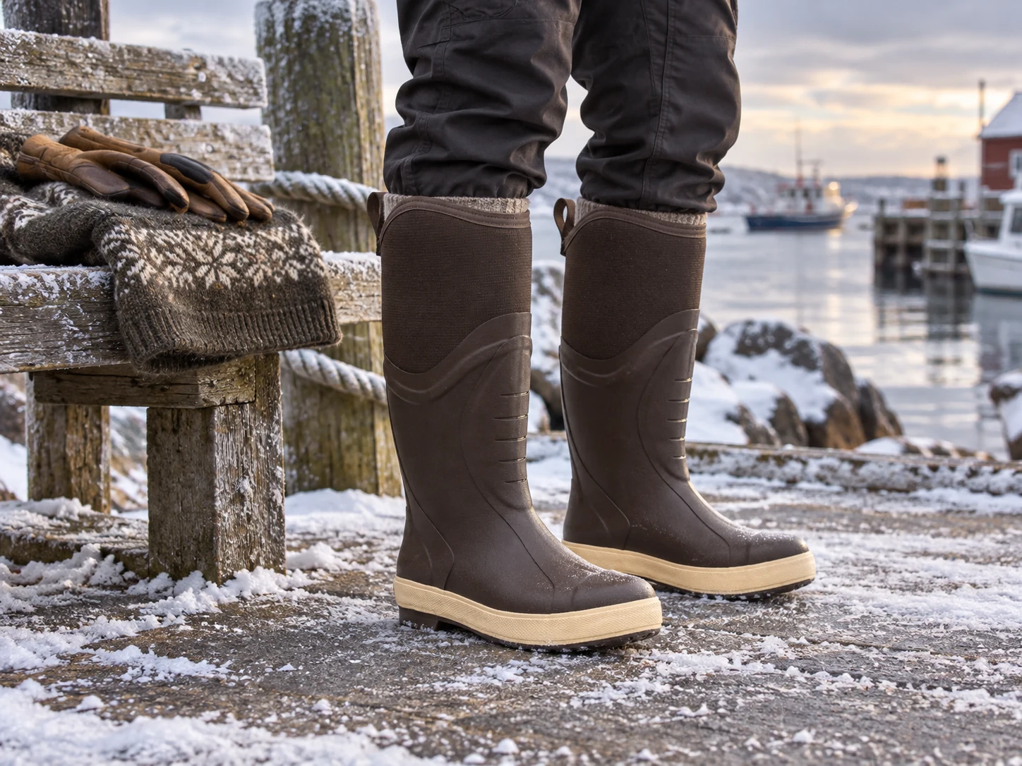 Tall brown insulated boots worn beside a frosty harbor bench.
