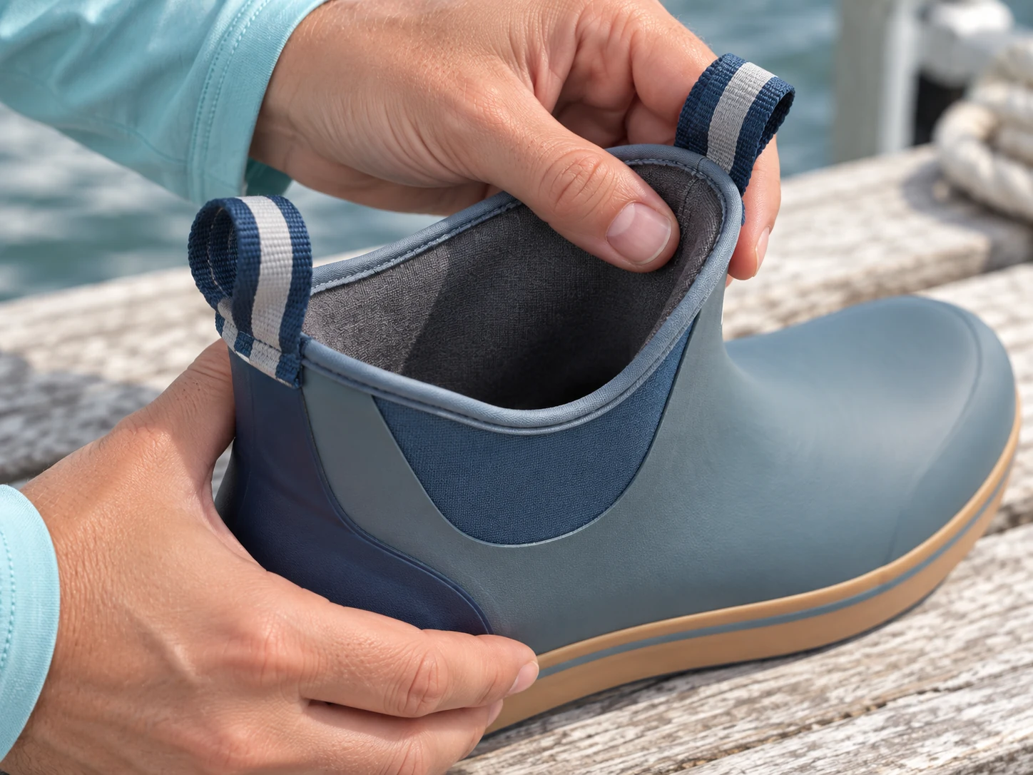 Hands gently opening a blue ankle boot to inspect its inner lining.