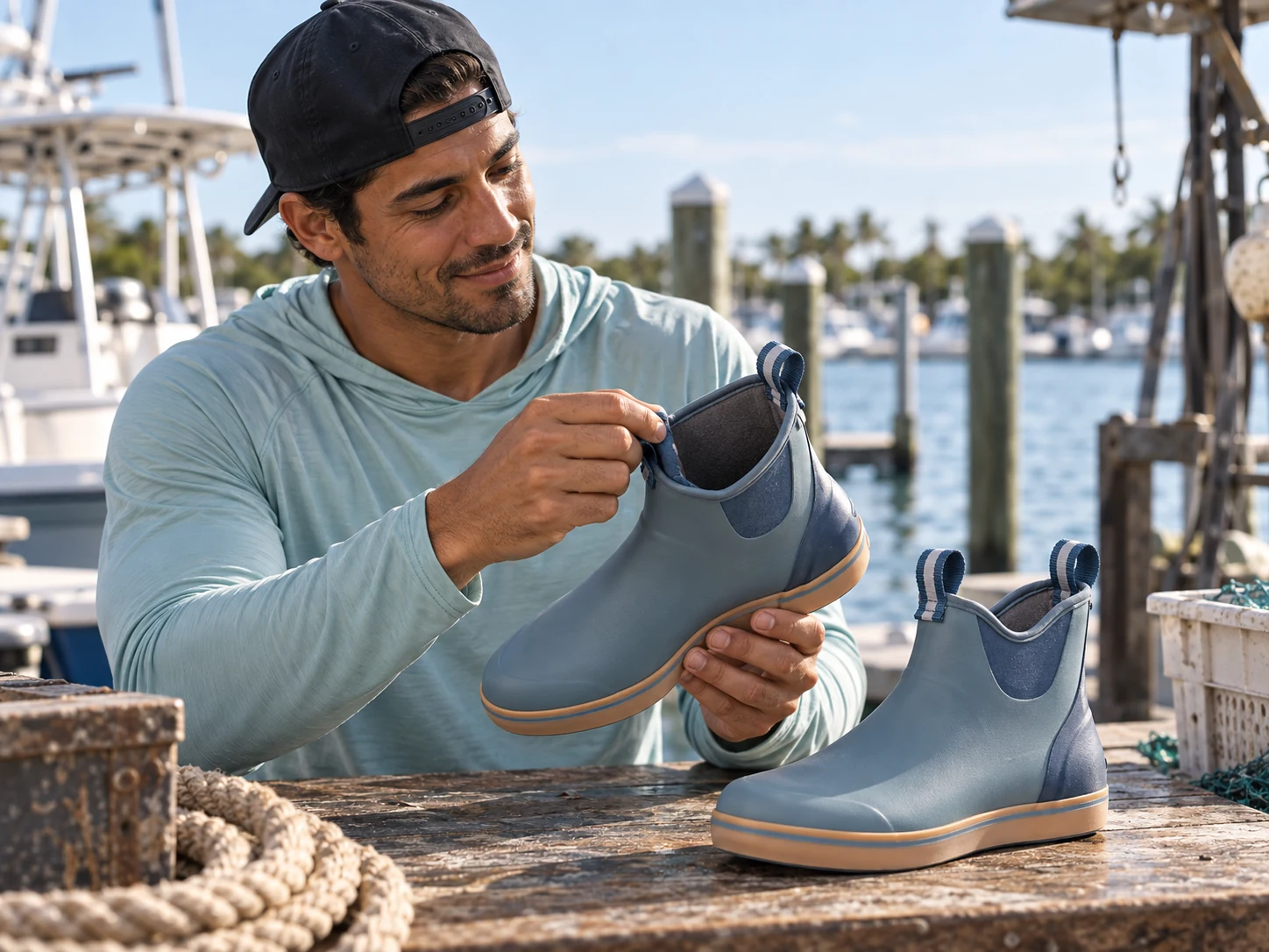 A man on a marina bench looks inside one Stormy Blue ankle deck boot while its matching boot rests beside him.