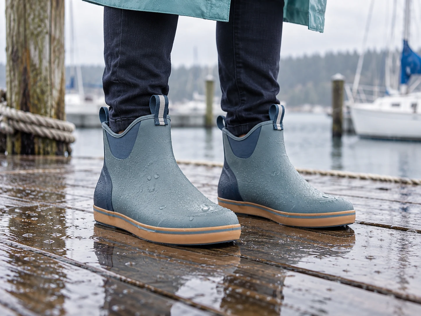 Blue ankle deck boots on a wet dock with water droplets on the rubber.