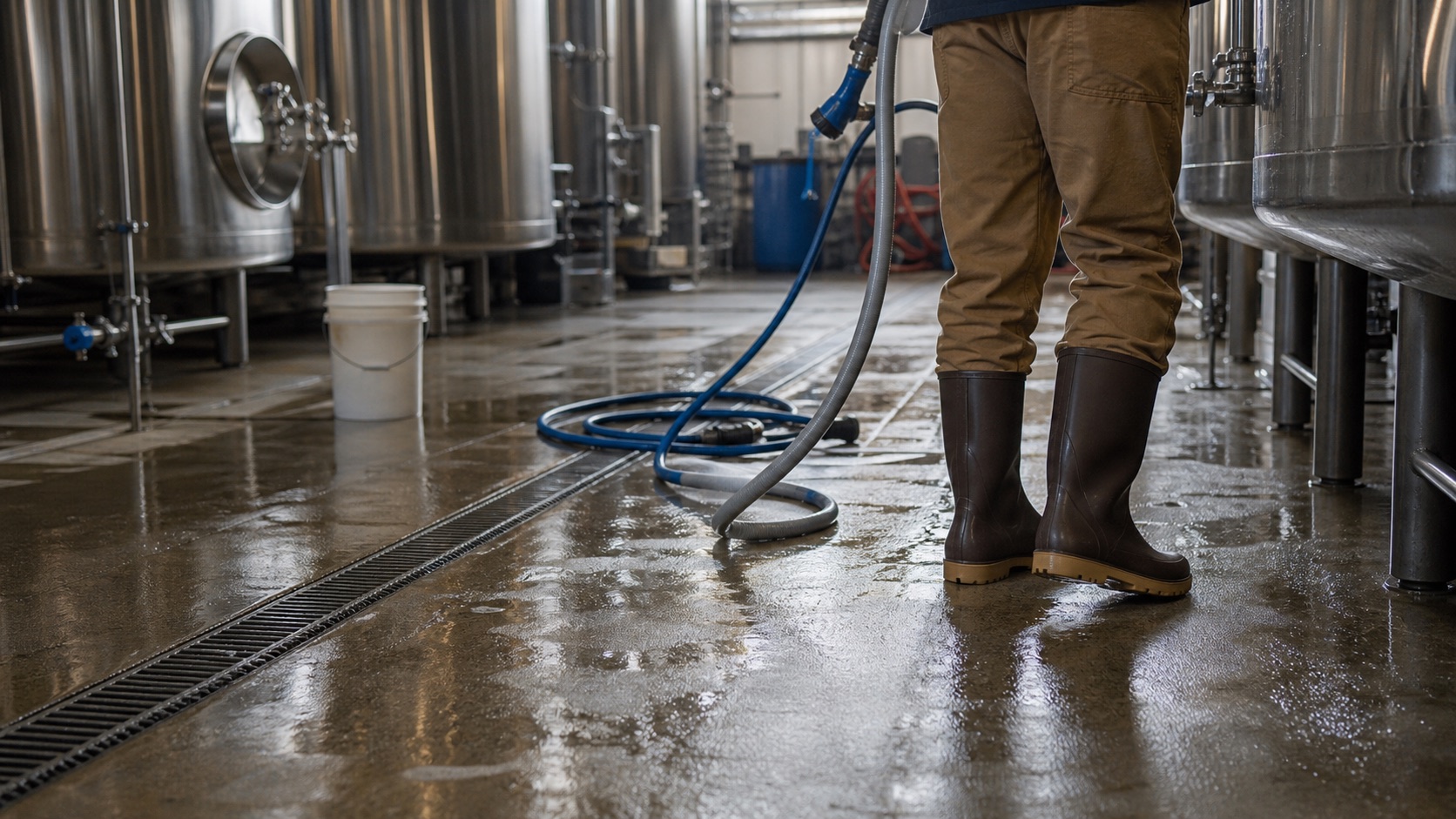 Brewery cellar floor with fermentation tanks, washdown hoses, floor drains, and waterproof work boots.