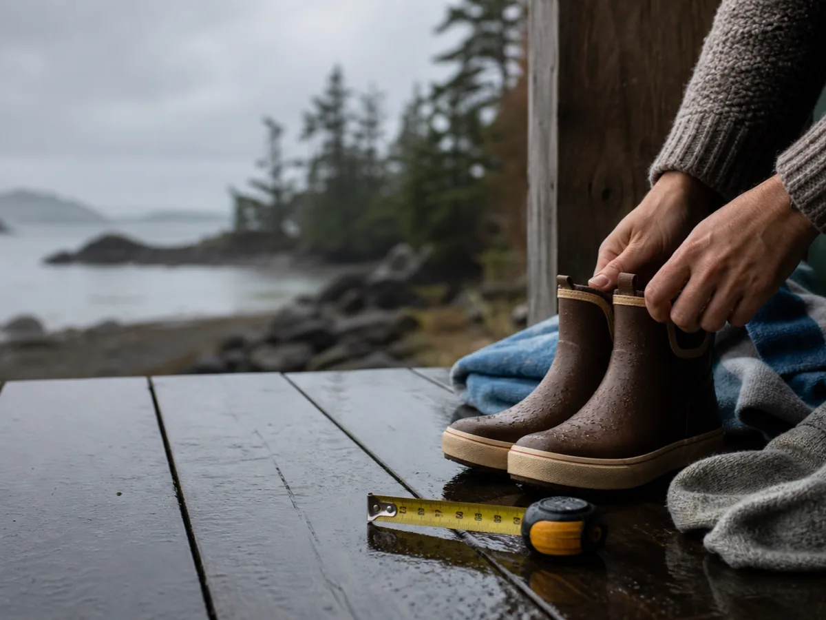 Child-sized rain boots, socks, and a measuring tape on a wet porch.