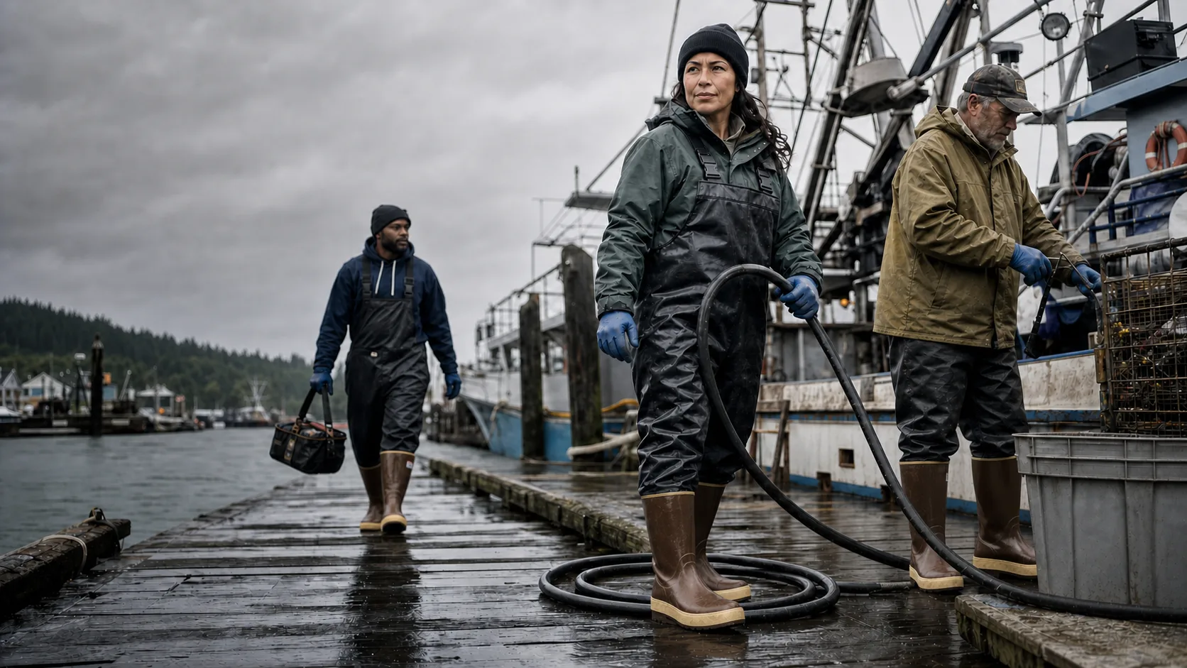 Harbor workers rinsing a wet dock in Legacy-style rubber boots.