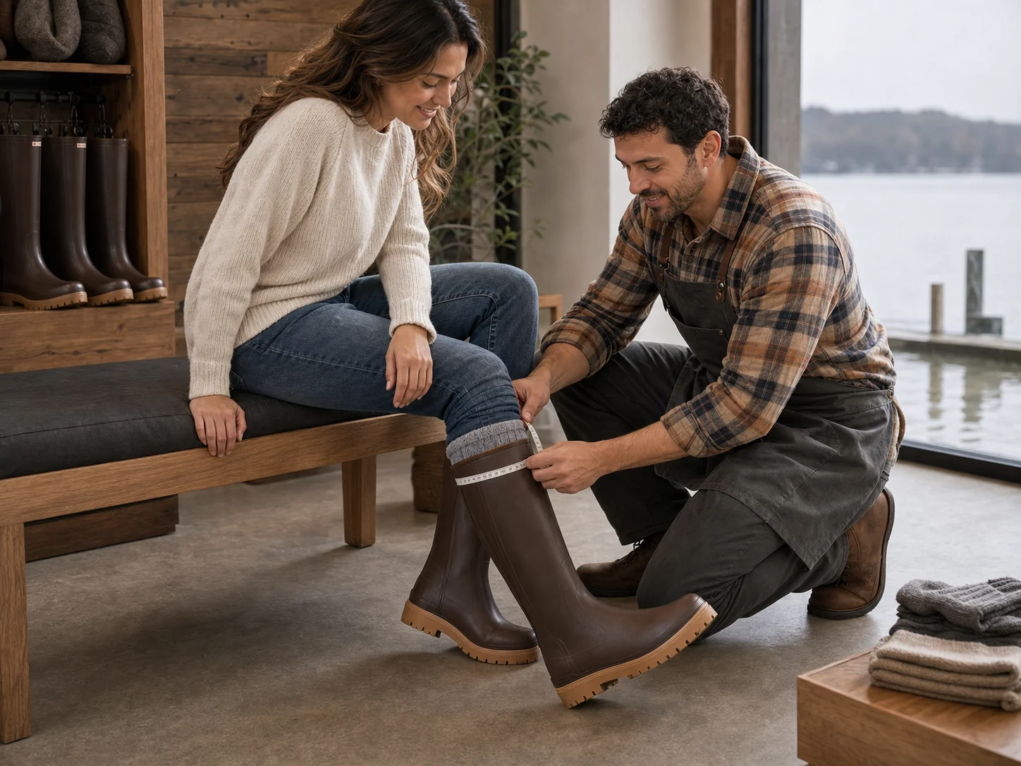 Helper uses a soft flexible tape at boot-shaft height to check calf room on a tall brown Legacy-style rubber boot.