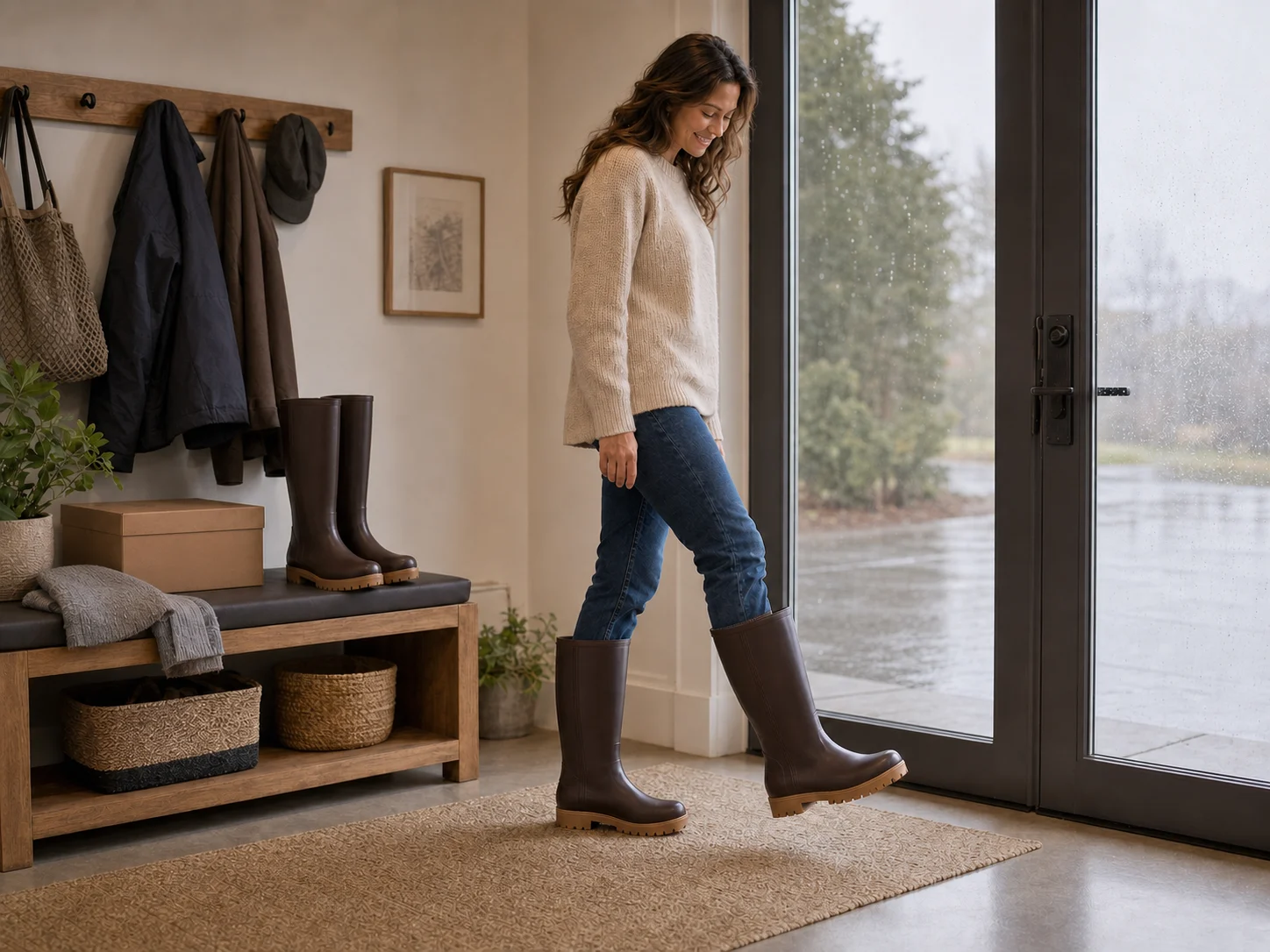 Shopper tests tall brown Legacy-style rubber boots on a clean indoor mat beside packaging while a wet dock waits outside the doorway.