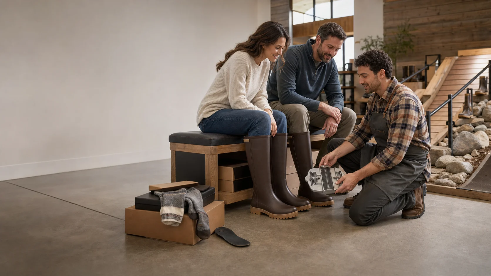 Footwear fitting helper works with a woman and man trying tall brown Legacy-style rubber boots beside a professional foot-measuring device.