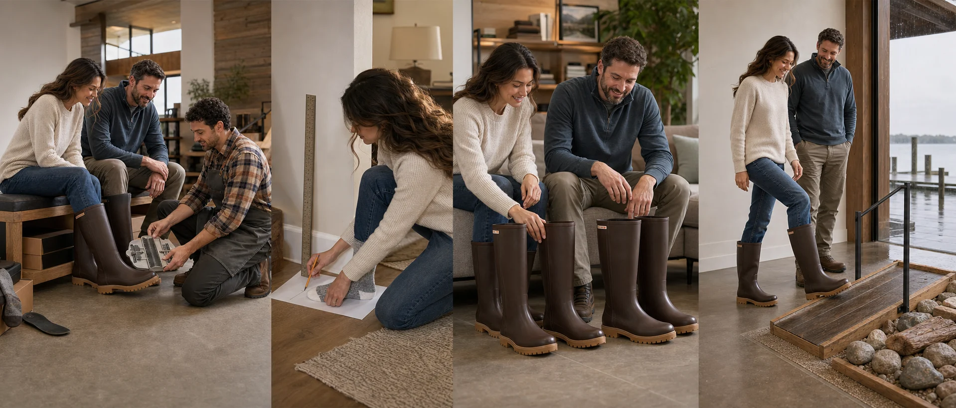 The same woman and man move through professional fitting, at-home measurement, size comparison, and a clean indoor movement check before wet wear.