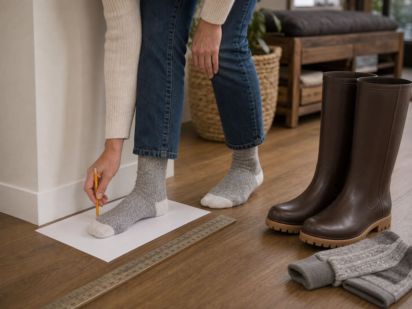At-home boot sizing setup with a socked foot on paper against a wall, pencil marks, a rigid ruler, socks, and tall brown Legacy-style boots nearby.