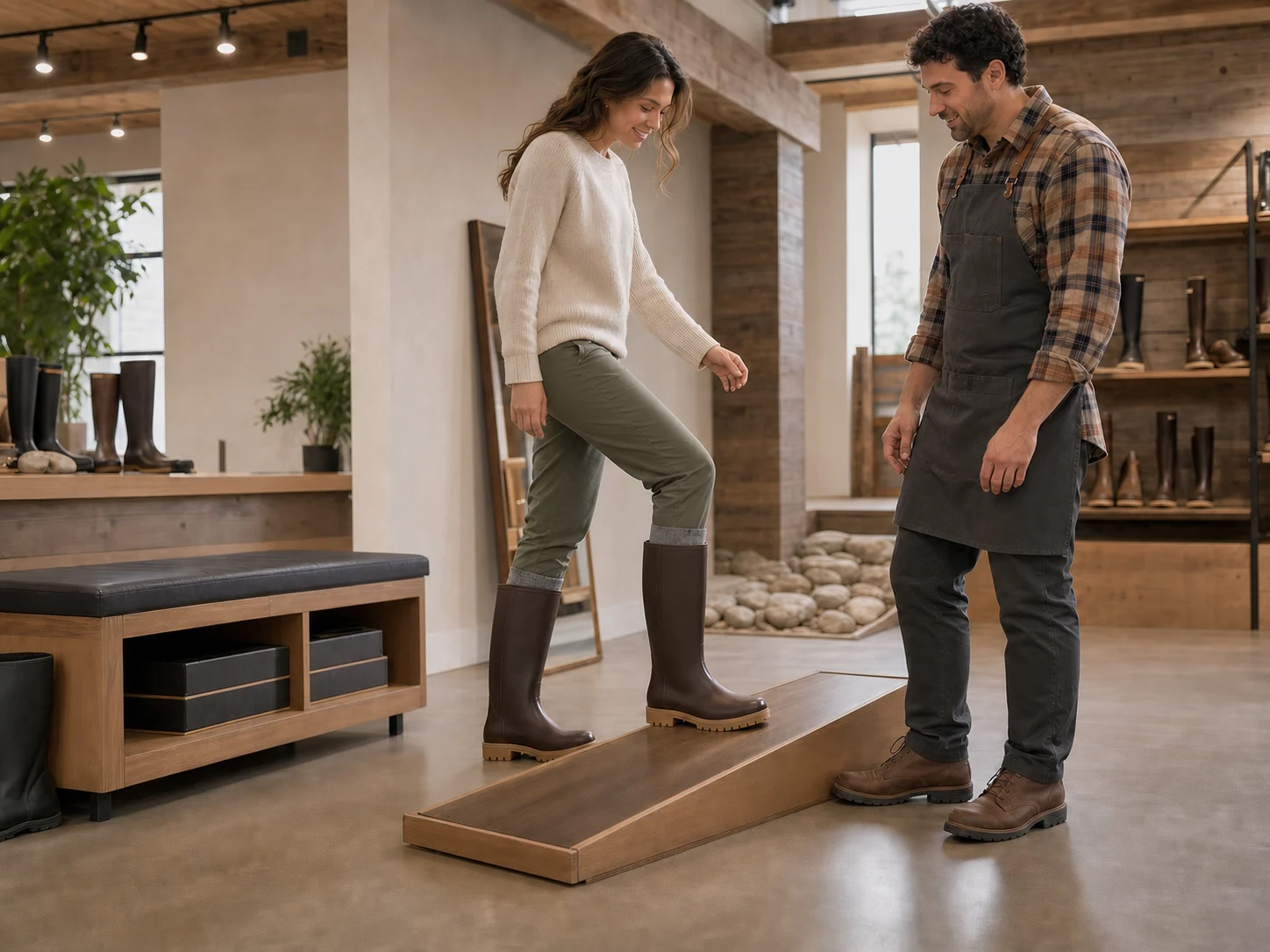 Shopper wearing tall brown Legacy-style rubber boots steps on a clean indoor ramp while a helper watches for fit movement.