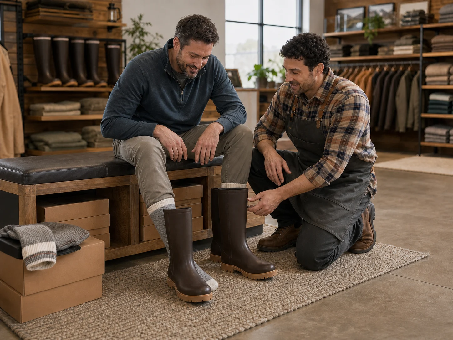 Shopper compares a likely size and neighboring size of tall brown Legacy-style rubber boots indoors.