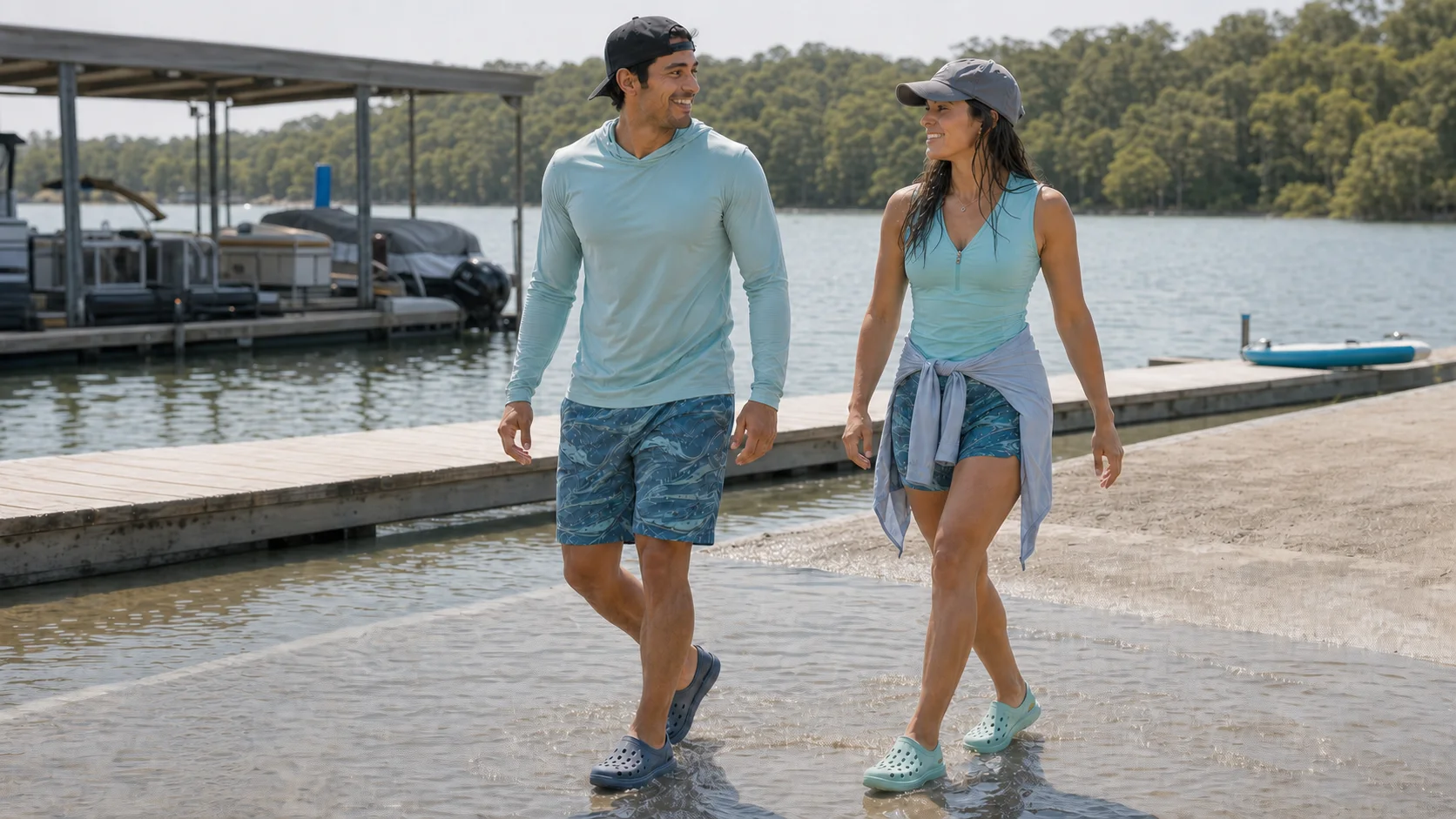 Two people wearing Riptide-style water footwear while walking through shallow water at a marina ramp.