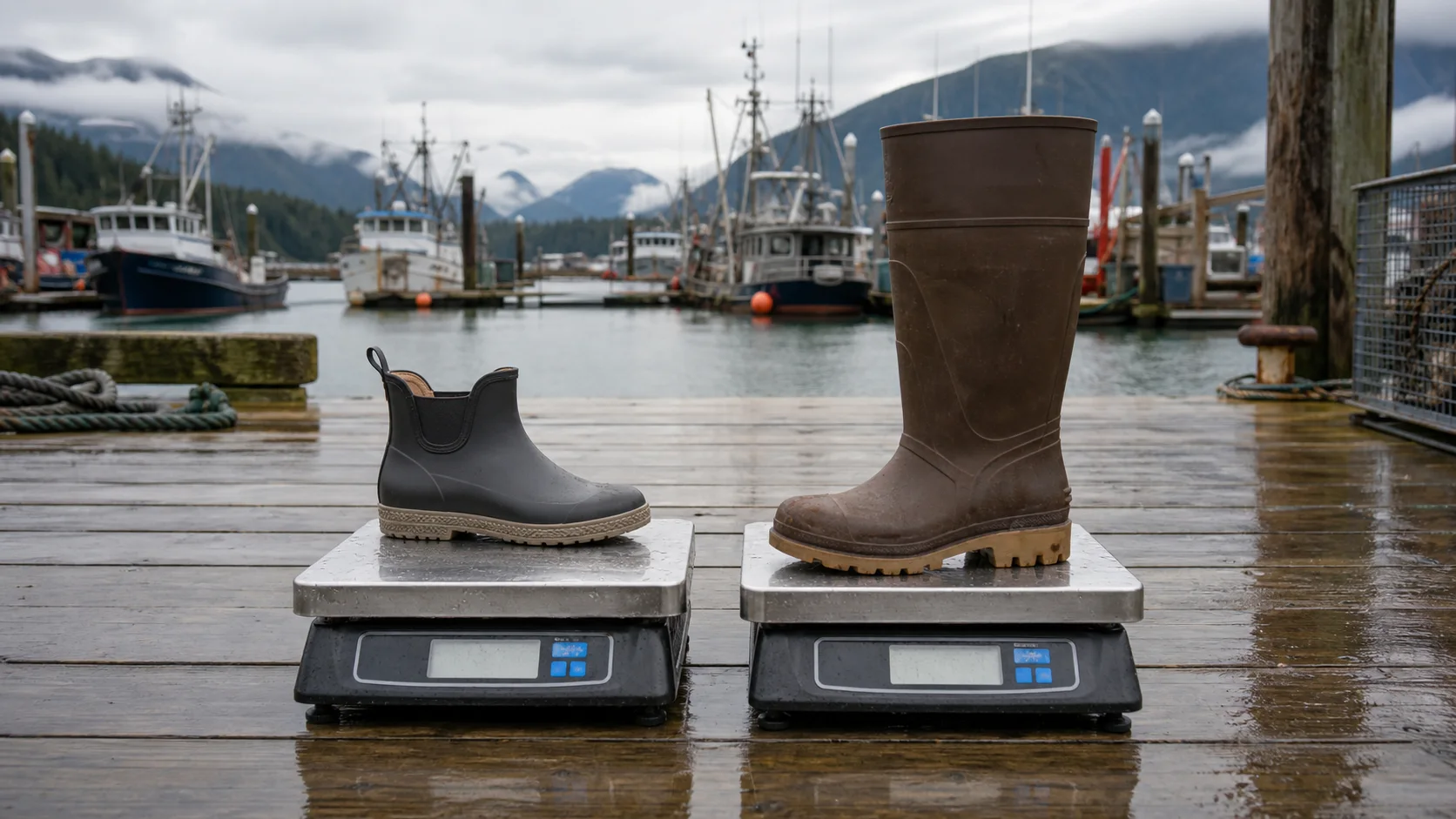 A short waterproof ankle boot and a taller rubber work boot on two dock scales.