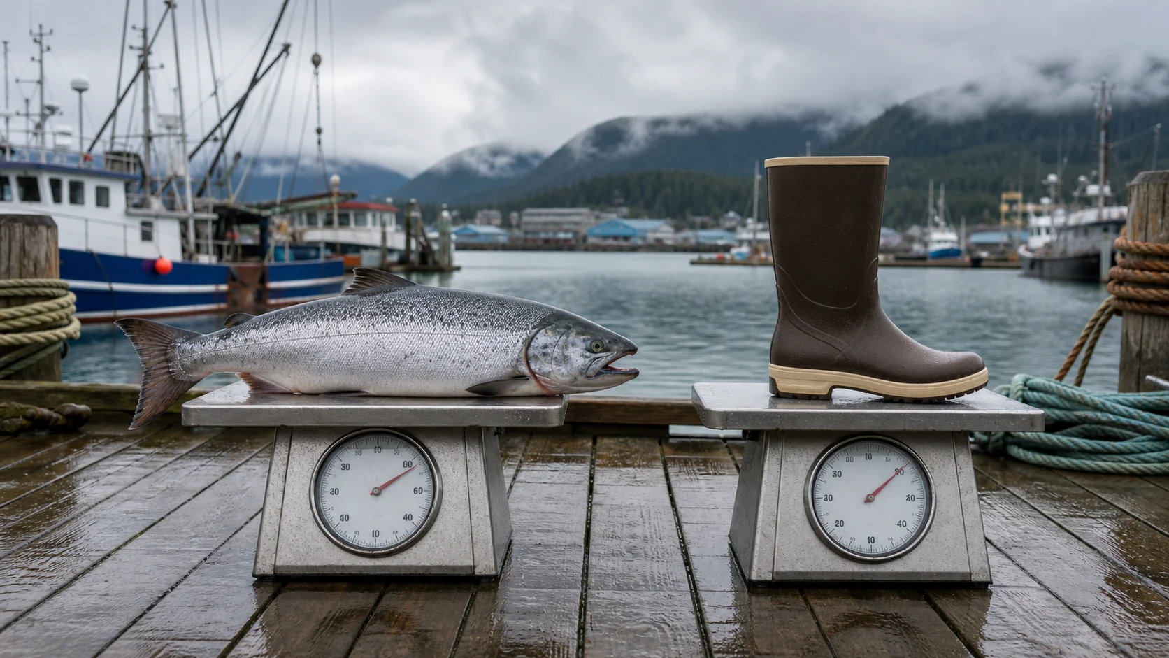 Editorial dock scene with a salmon and a waterproof boot on two scales.