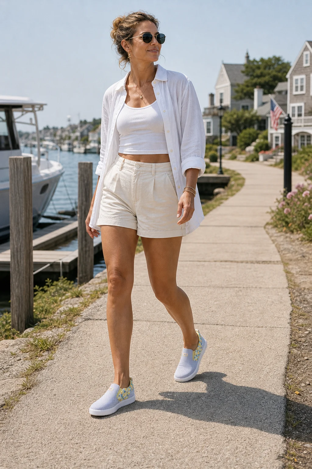 XT-SLOANE wearing Periwinkle Lemon XTRATUF Women's Sharkbyte 2.0 ECO Deck Shoe style XSB2W500 on a marina-to-town walk.