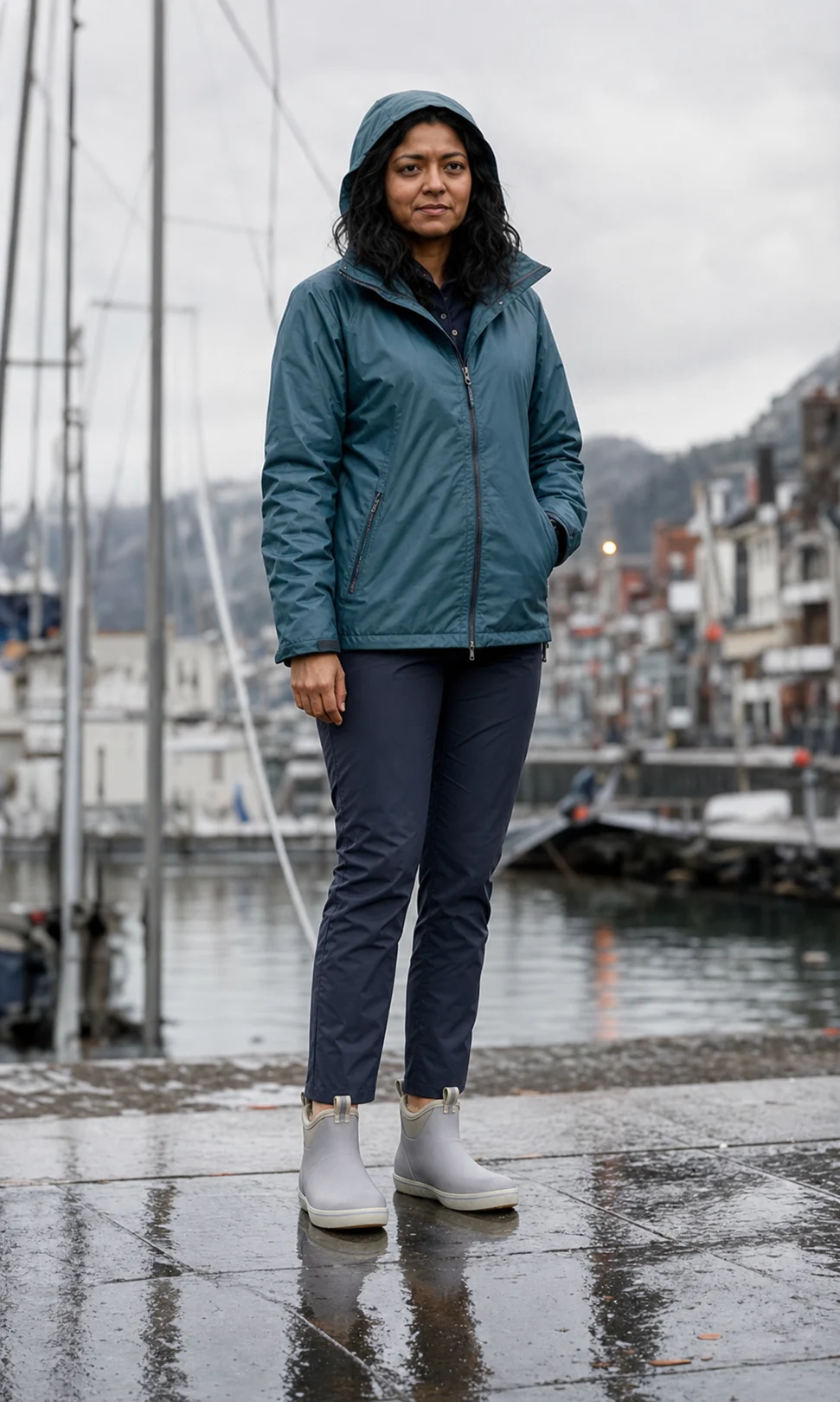XT-TALIA wearing gray XTRATUF Women's Fleece Lined Ankle Deck Boot style XWAB100T on a cold wet marina walkway.