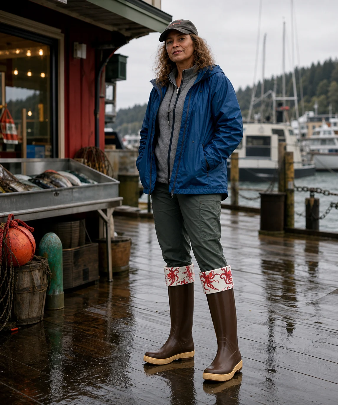 XT-LENA wearing XTRATUF Women's Salmon Sisters 15-inch Legacy Boot style 22490 with rolled-down octopus print cuffs.