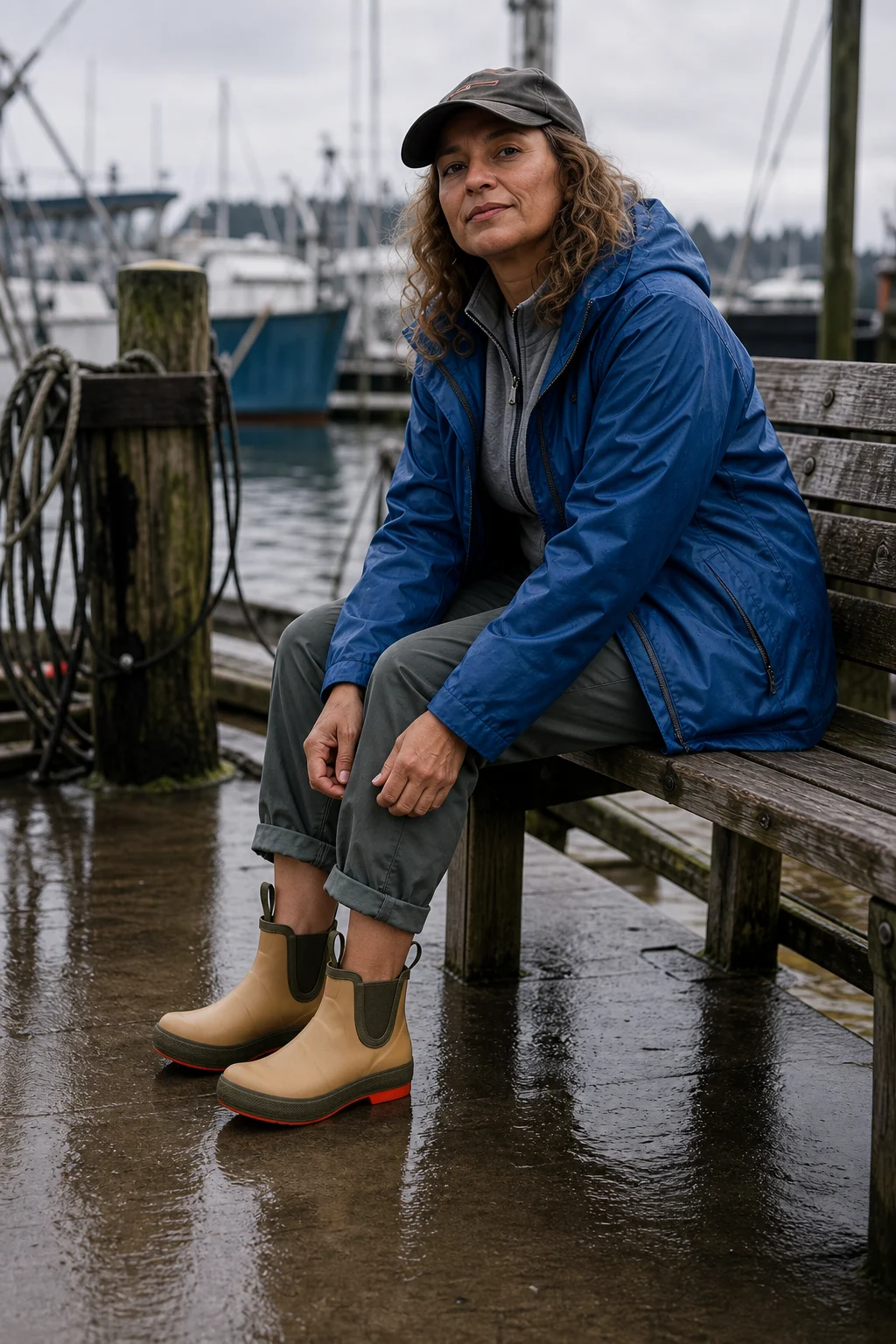 XT-LENA wearing Legacy Sahara XTRATUF Women's Legacy Ankle Deck Boot style XWLDB920 beside a wet marina bench.