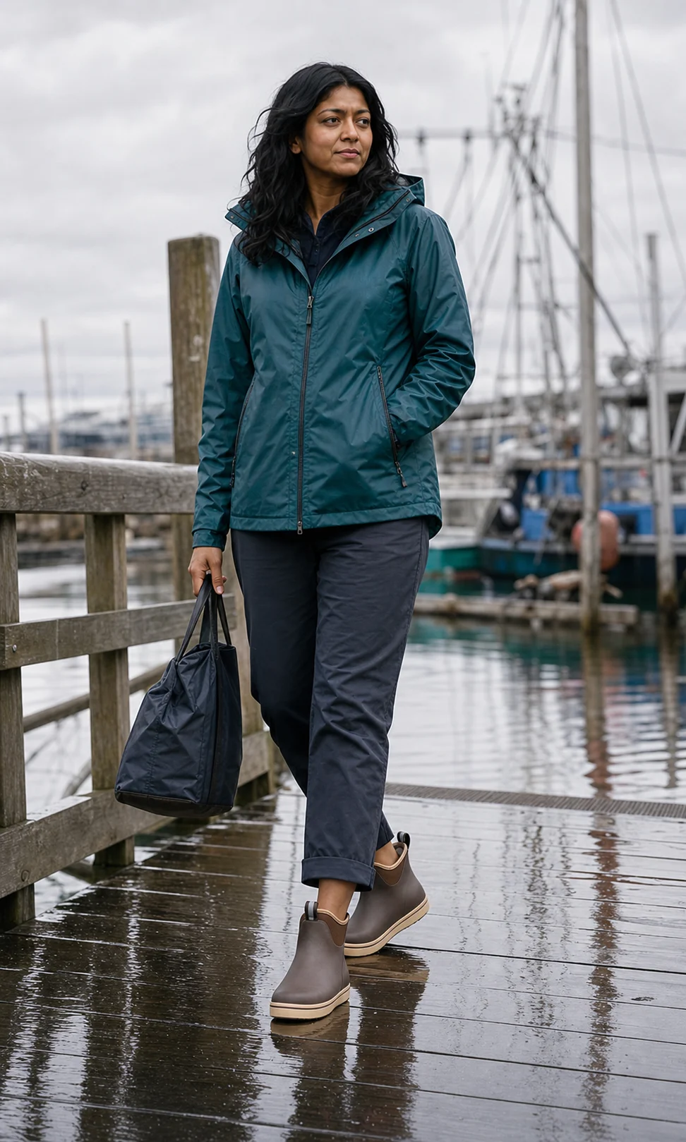 XT-TALIA wearing brown XTRATUF Women's Ankle Deck Boot style XWAB900 on a wet marina boardwalk.