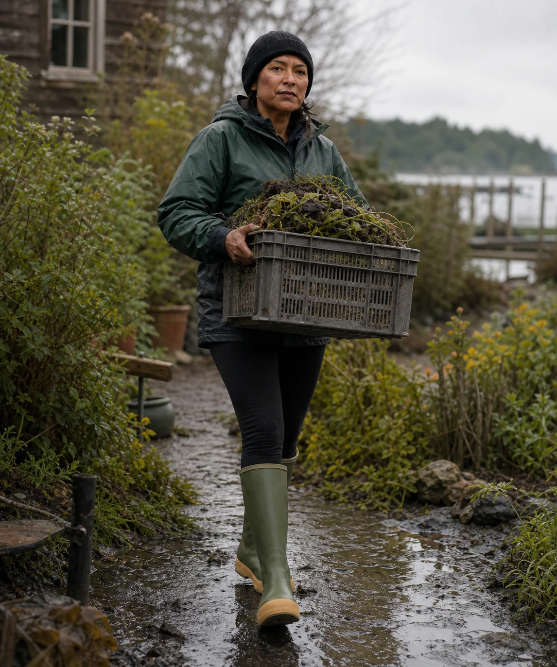 XT-MARA carrying wet garden gear in moss green XTRATUF Women's 15-inch Legacy Boot style XWL301.