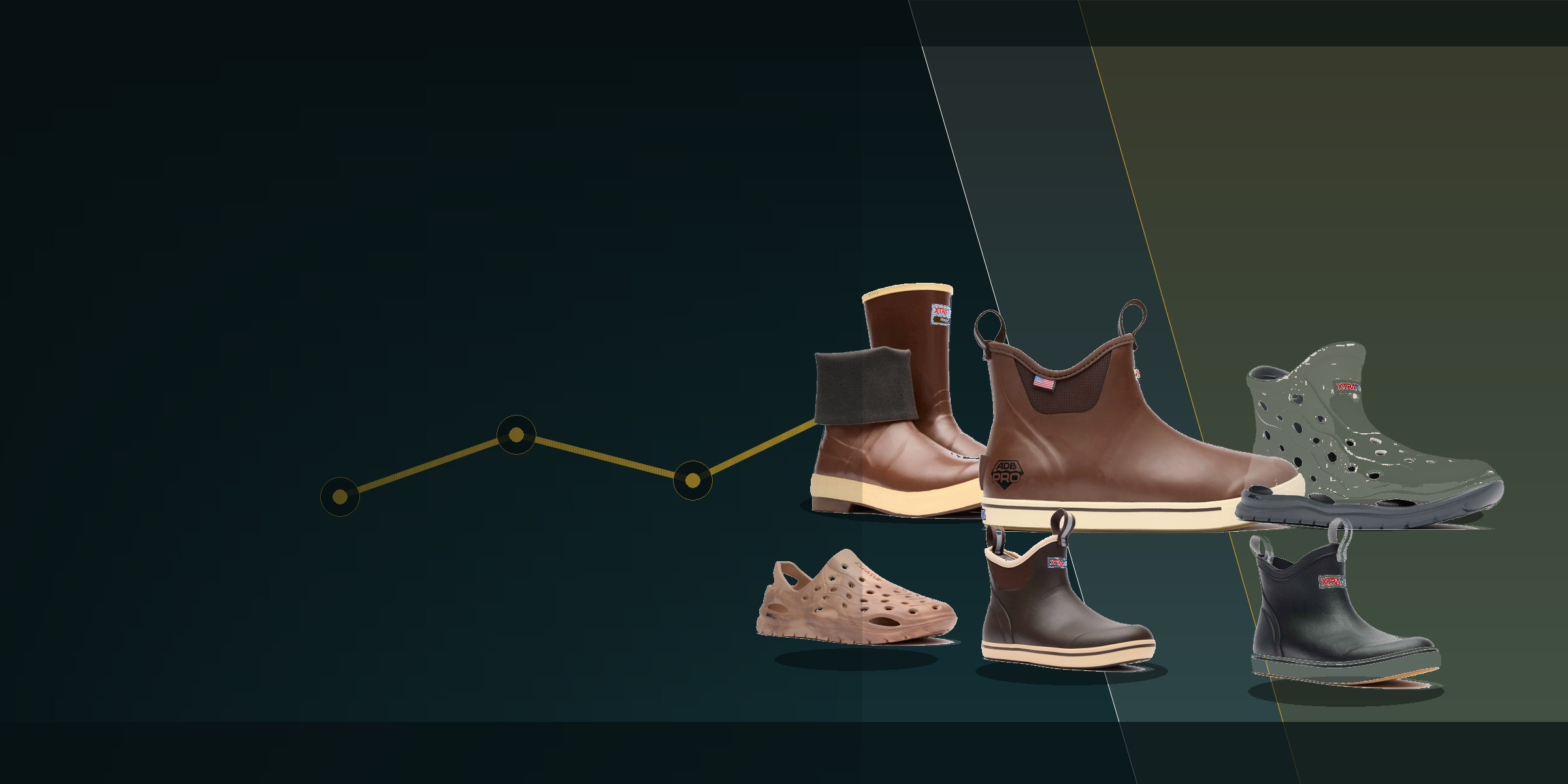 A Boot Finder decision-path composite showing XTRATUF Legacy, ankle deck, drainable water, kids, and low-profile footwear examples.