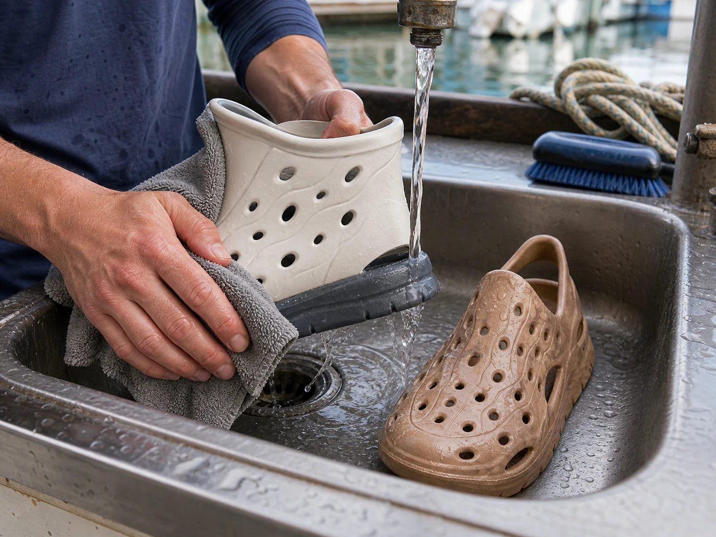 Molded drainable deck footwear being hand-rinsed in a marina sink.