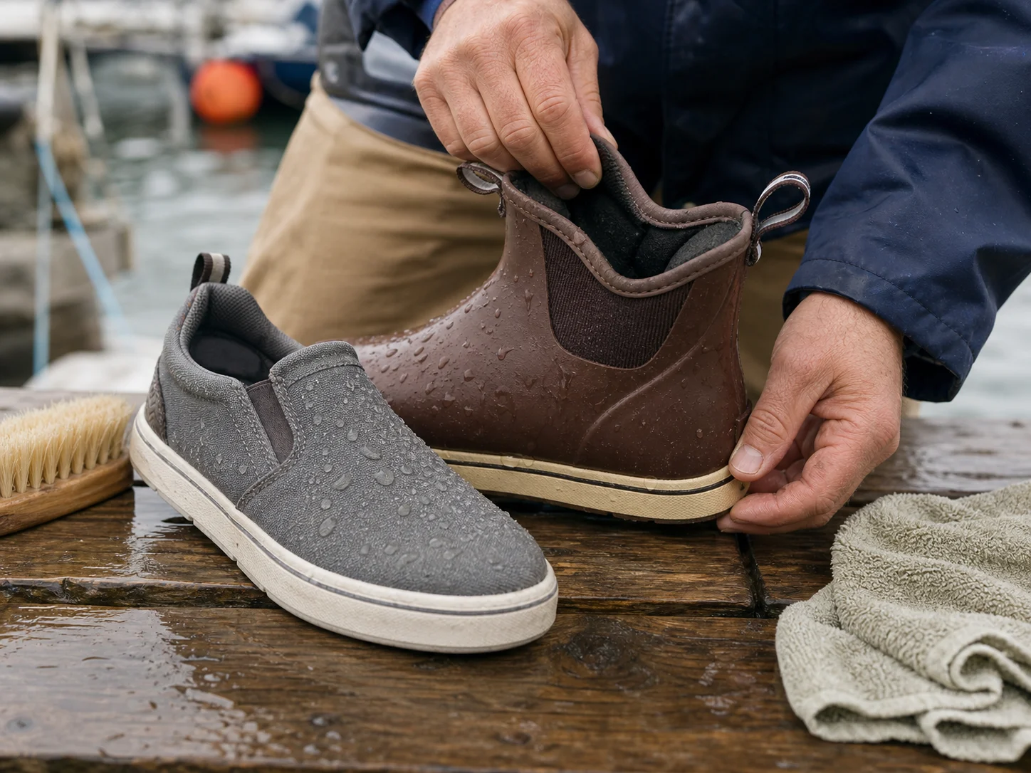 Lower deck shoe and ankle deck boot being checked and wiped on a wet marina bench.