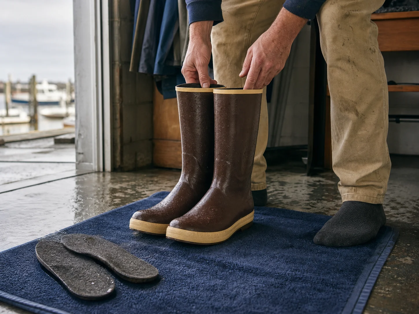 Wet-work rubber boots on a towel with removable insoles pulled out for air drying.