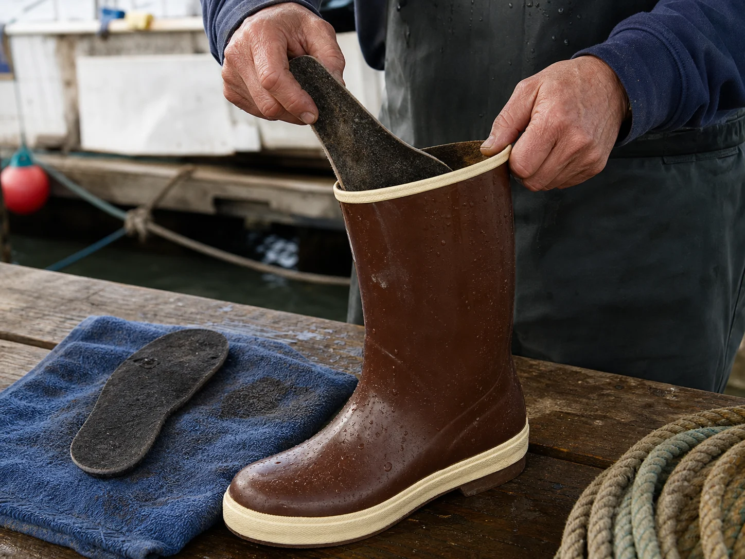 Hands removing a worn insole from a wet-work rubber boot on a dock bench.
