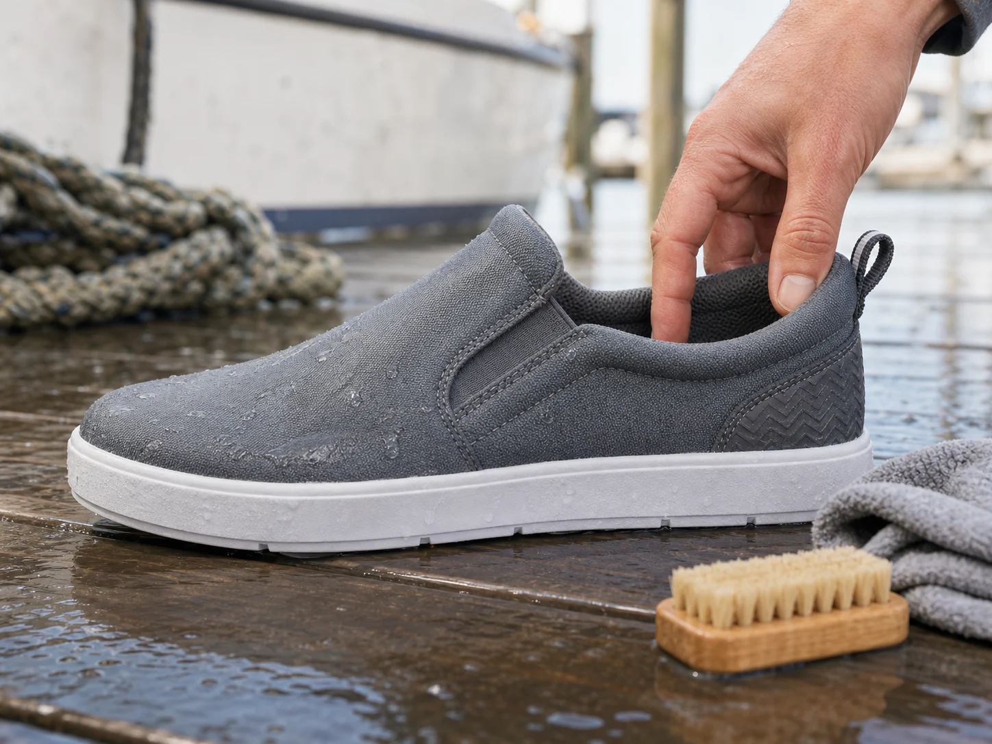 Low grey deck shoe being opened at the collar for footbed and airflow checks on a wet marina bench.