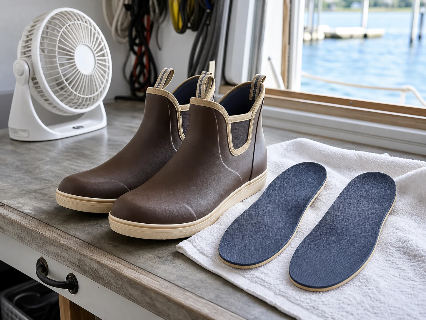Clean wet-work rubber boots airing out beside removed insoles on a towel near a small fan.