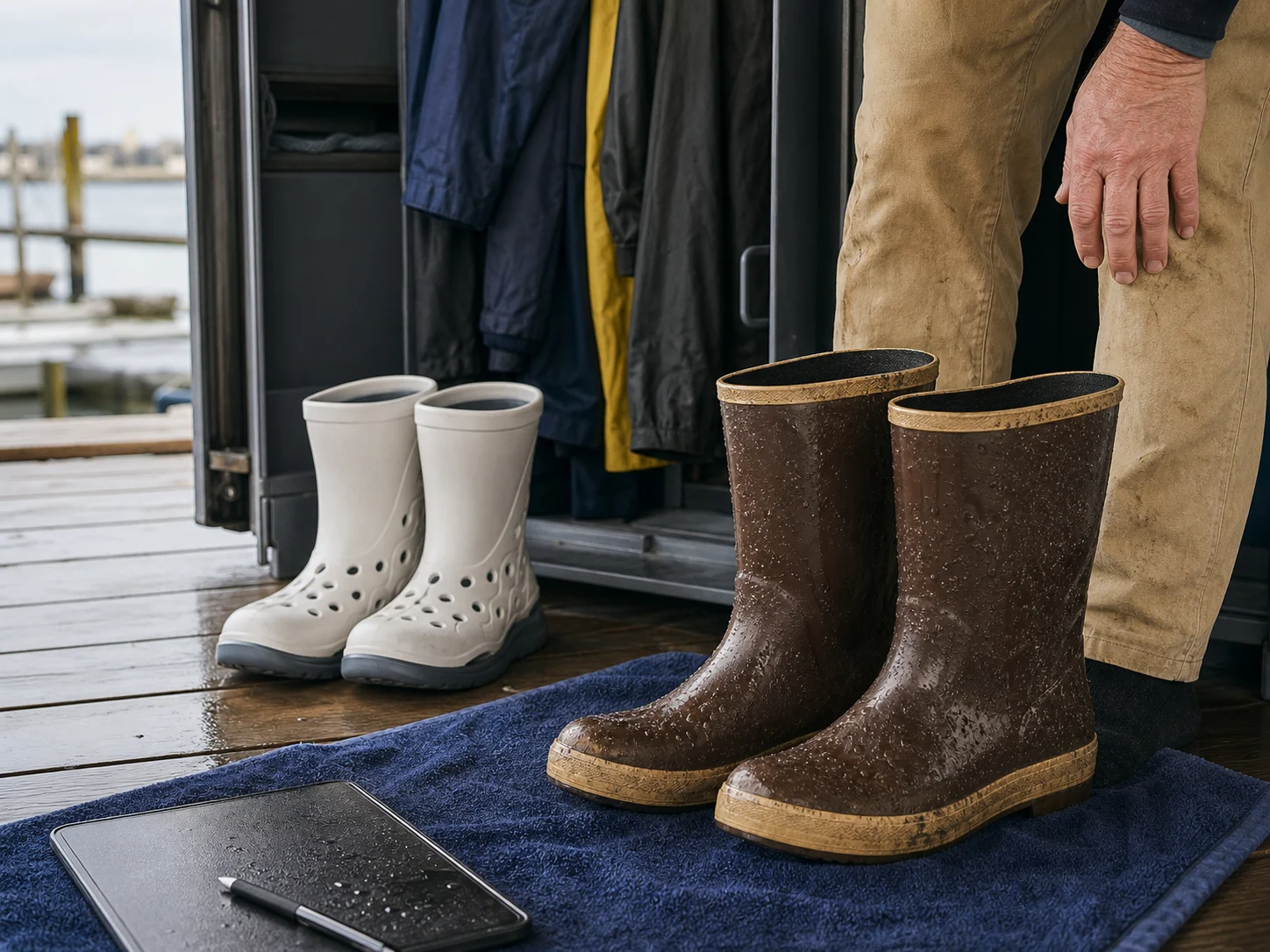 Wet-work rubber boots set aside on a dock towel with another pair nearby for replacement thinking.