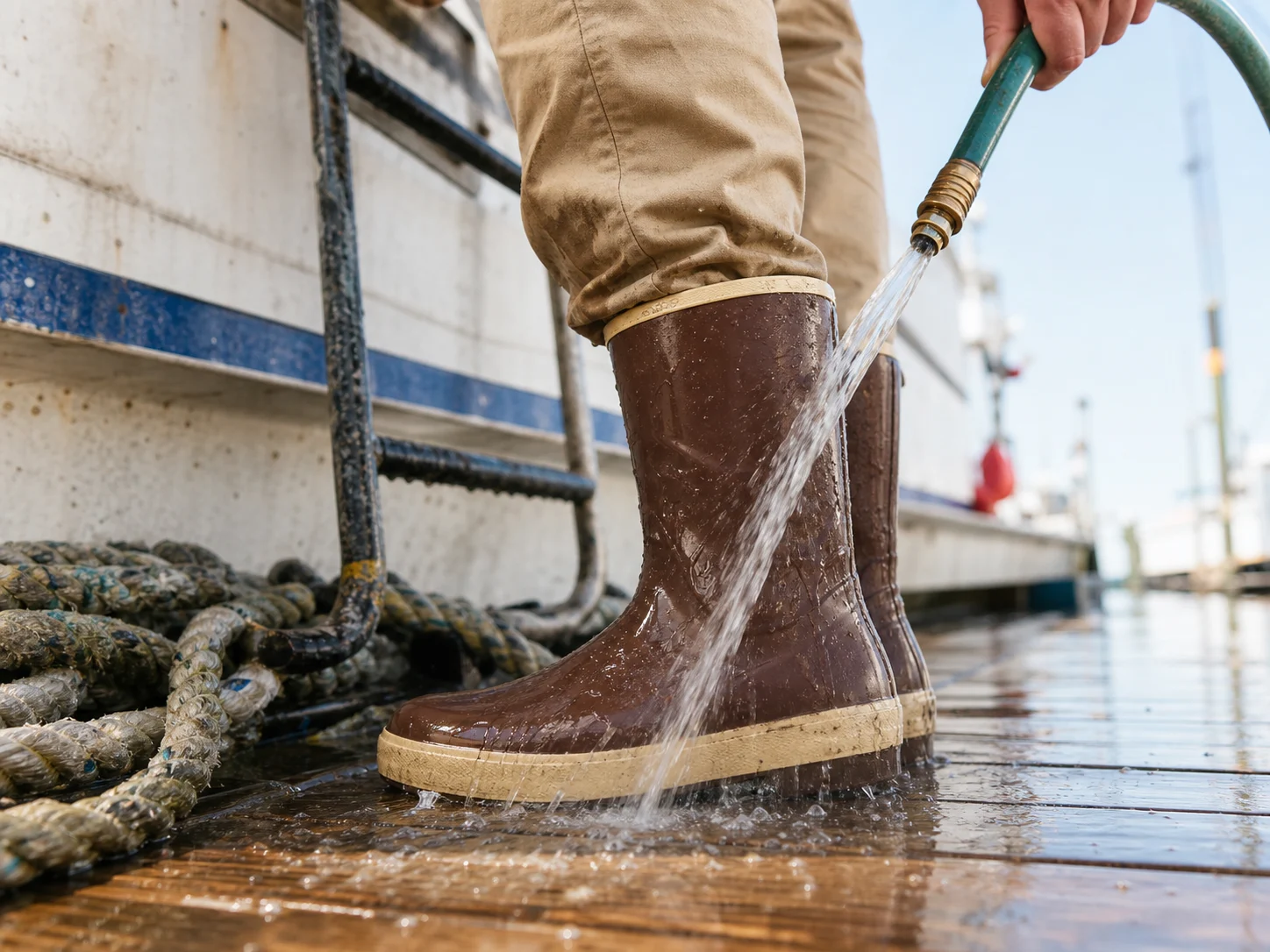 Brown wet-work rubber boots being rinsed with fresh water on a wet boat dock.