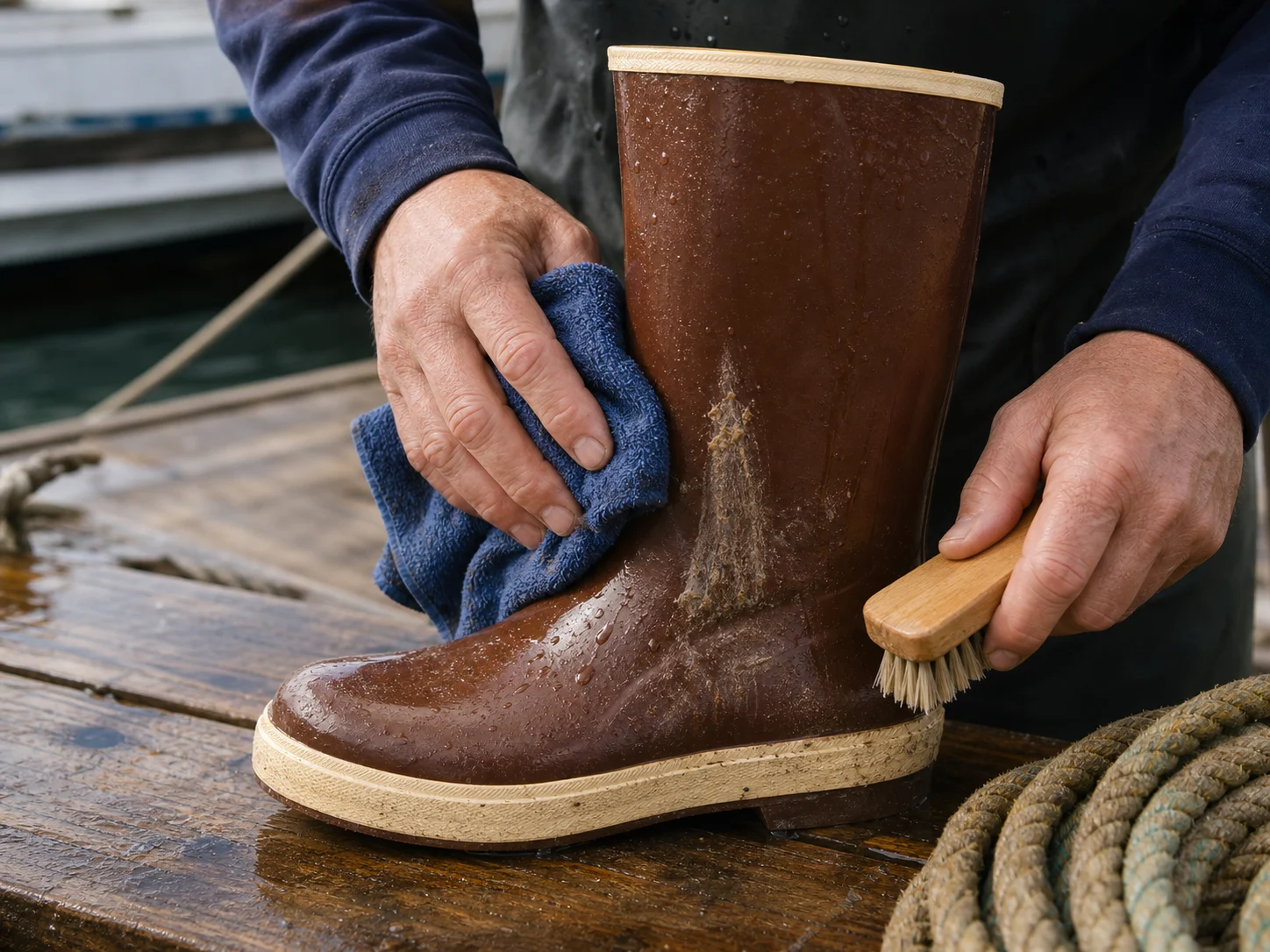Light surface grime being wiped from a brown wet-work rubber boot with a soft cloth.