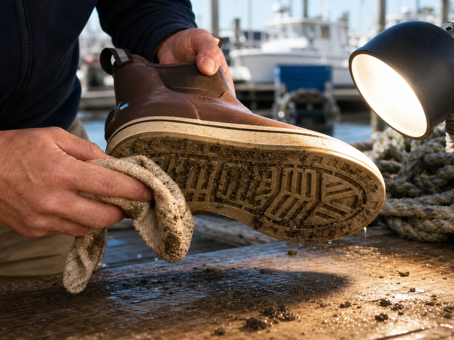 Outsole grooves being wiped clean under a task light before inspection.