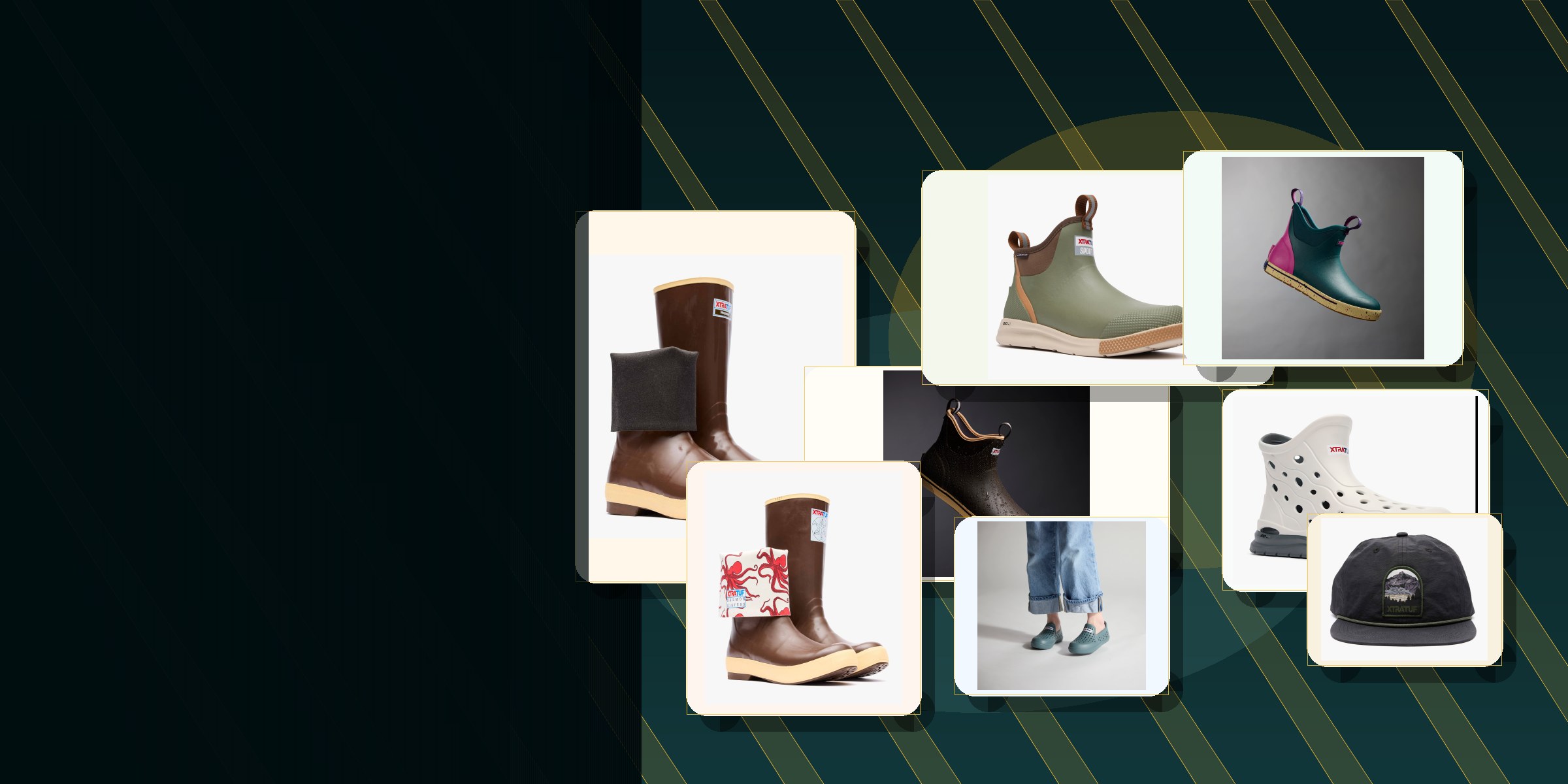 A collage of XTRATUF Legacy boots, ankle boots, Camp boots, Hightide footwear, kids footwear, Salmon Sisters boots, and gear.