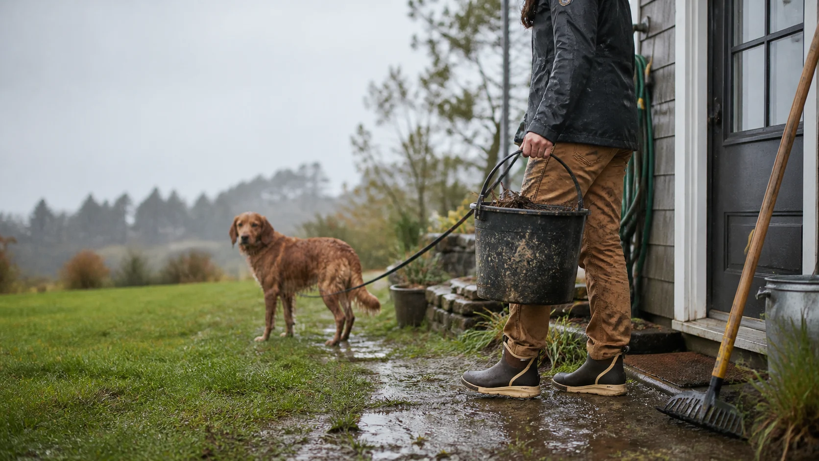 XTRATUF-style ankle boots in a rainy yard with a dog and wet chore gear nearby.